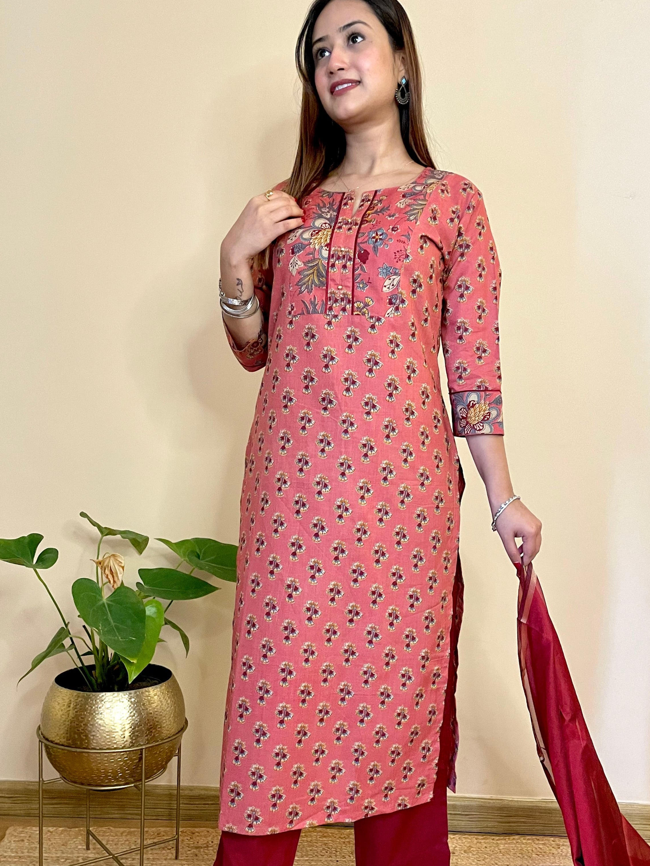 Kyaari Carrot Red  Cotton Long Kurta