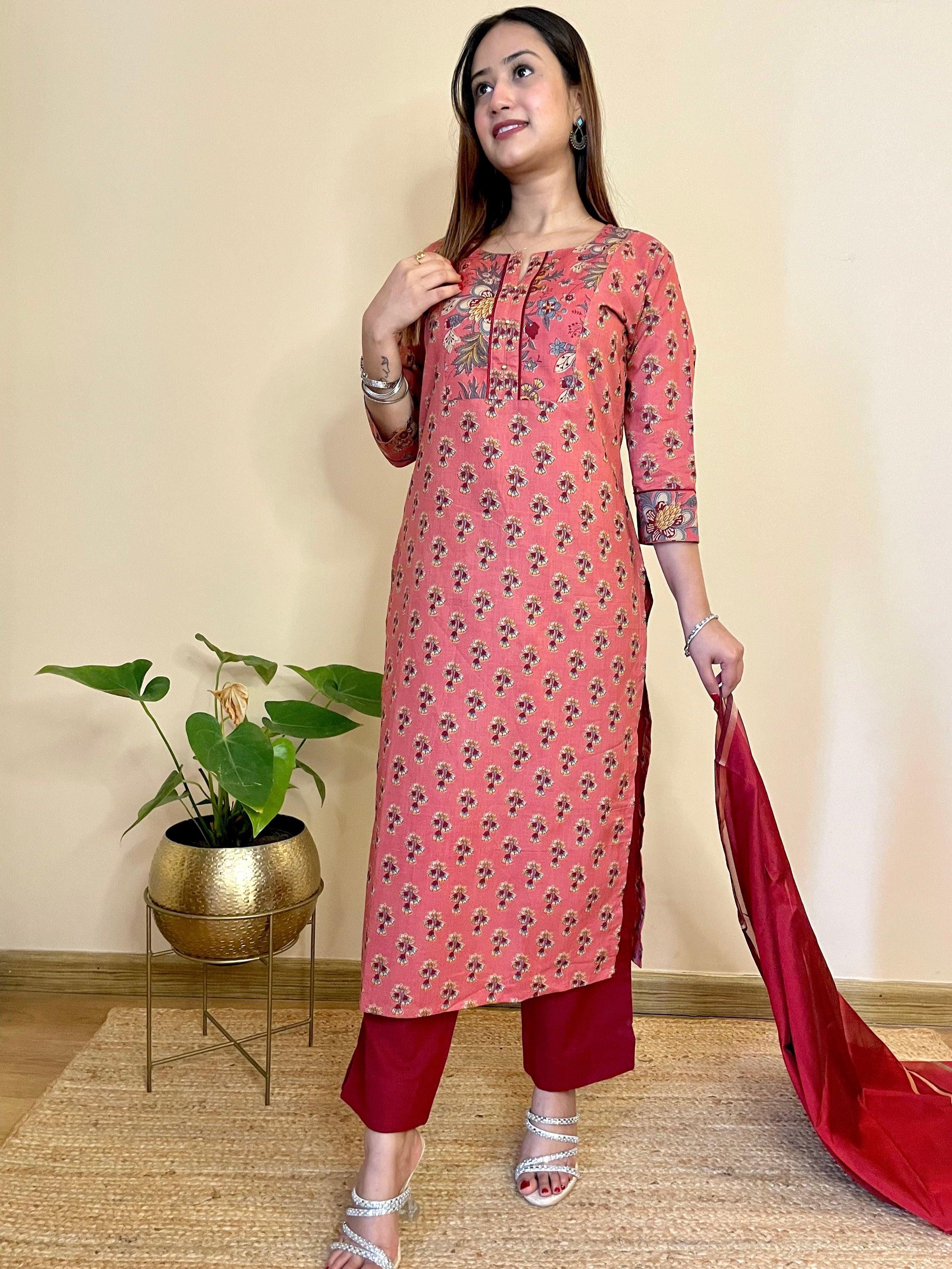 Kyaari Carrot Red  Cotton Long Kurta and Pant Set