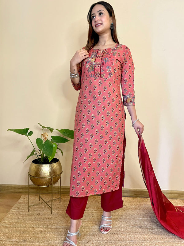 Kyaari Carrot Red  Cotton Long Kurta and Pant Set