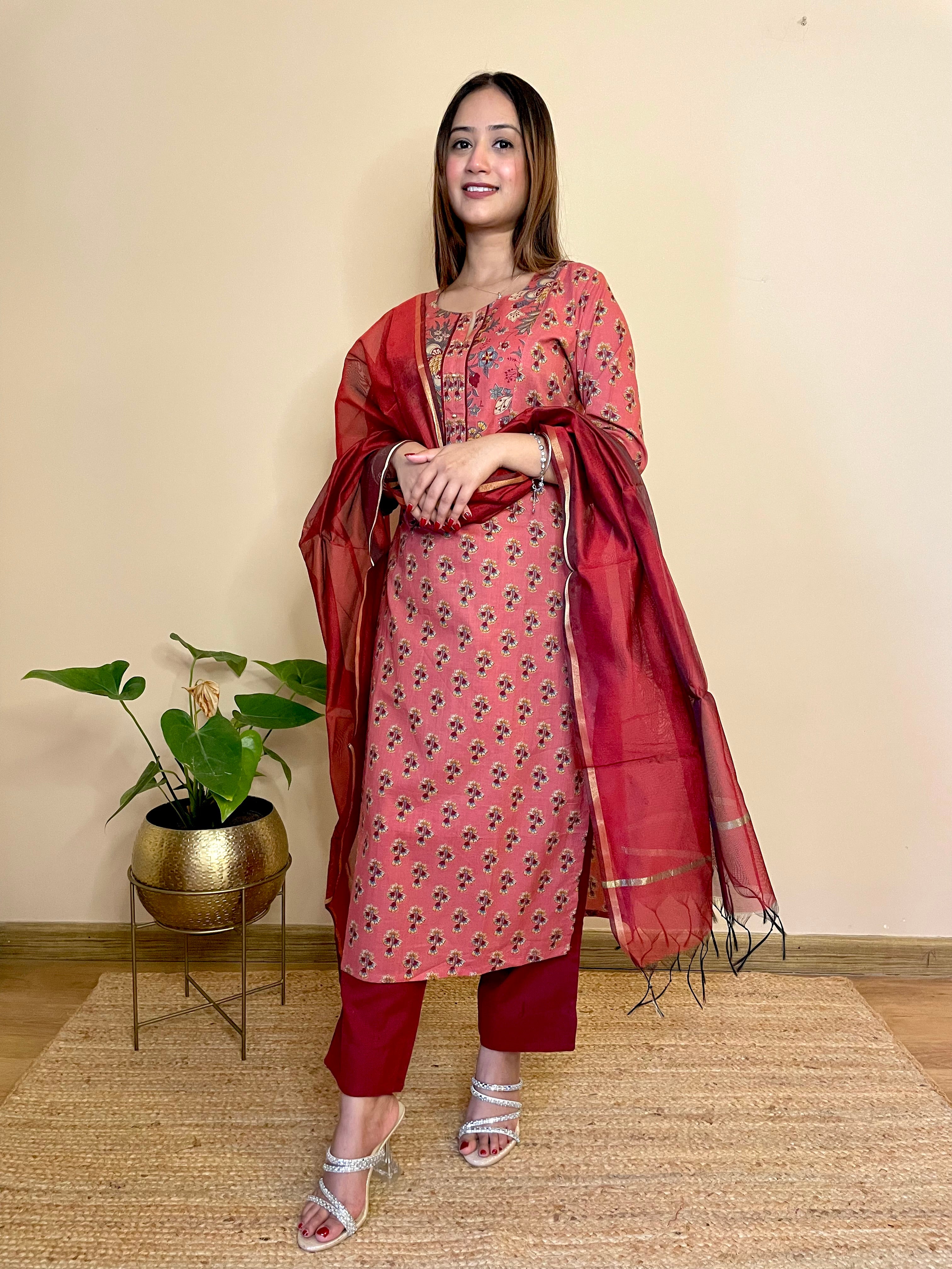 Kyaari Carrot Red  Cotton Long Kurta pant and  duppatta set