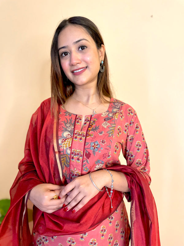 Kyaari Carrot Red  Cotton Long Kurta pant and  duppatta set