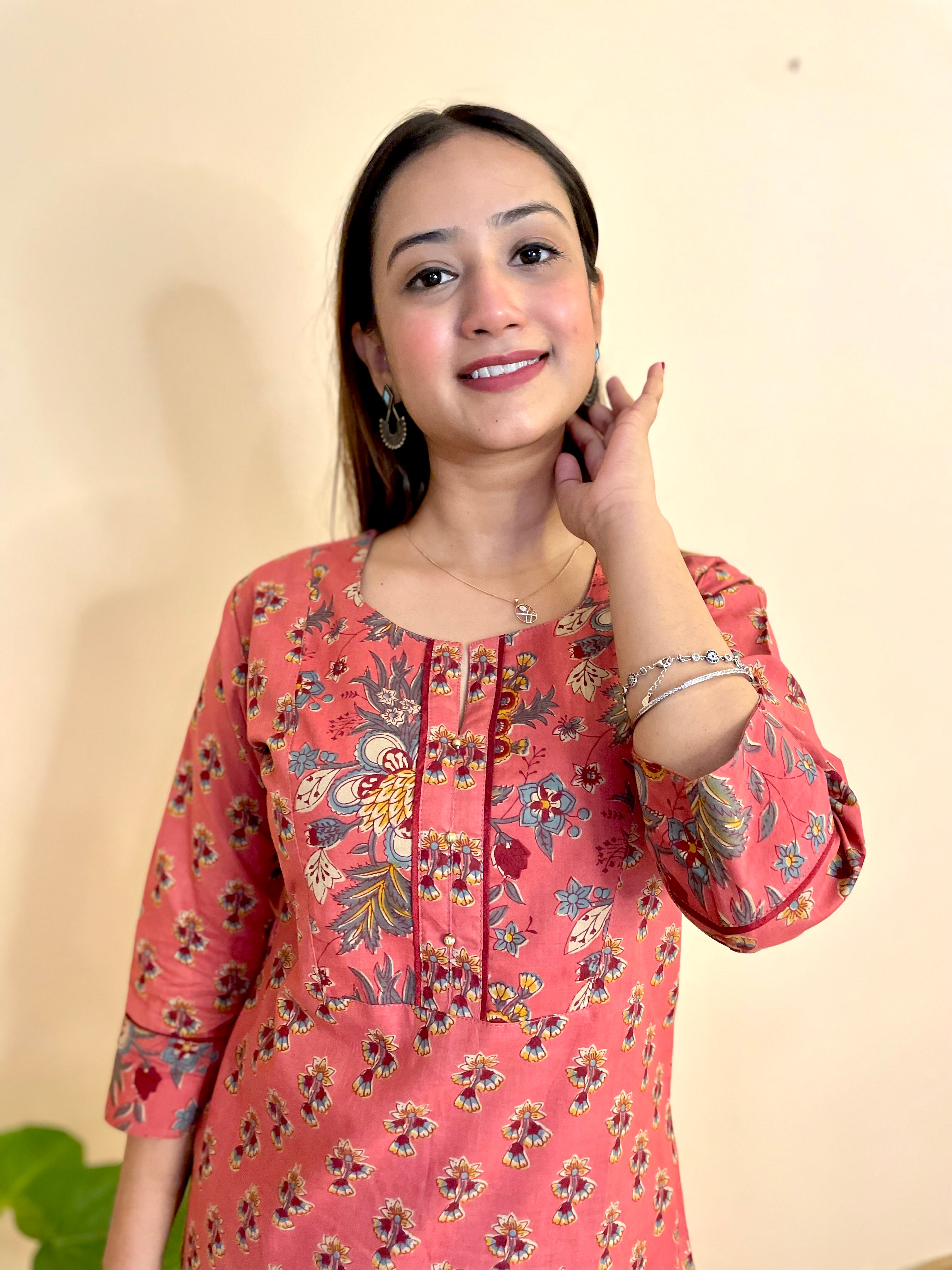 Kyaari Carrot Red  Cotton Long Kurta and Pant Set