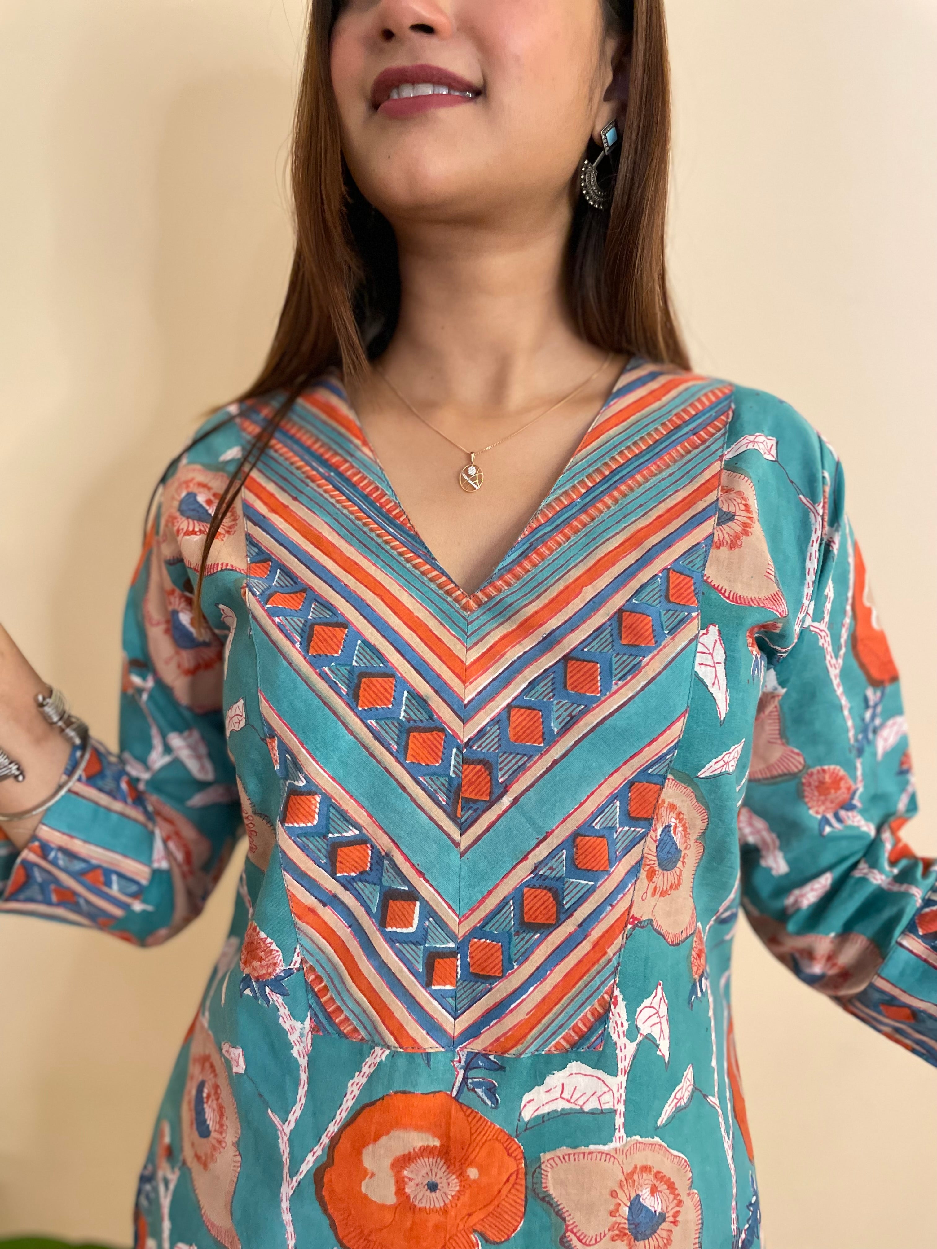 Kyaari Turquoise block printed cotton kurta and pant set