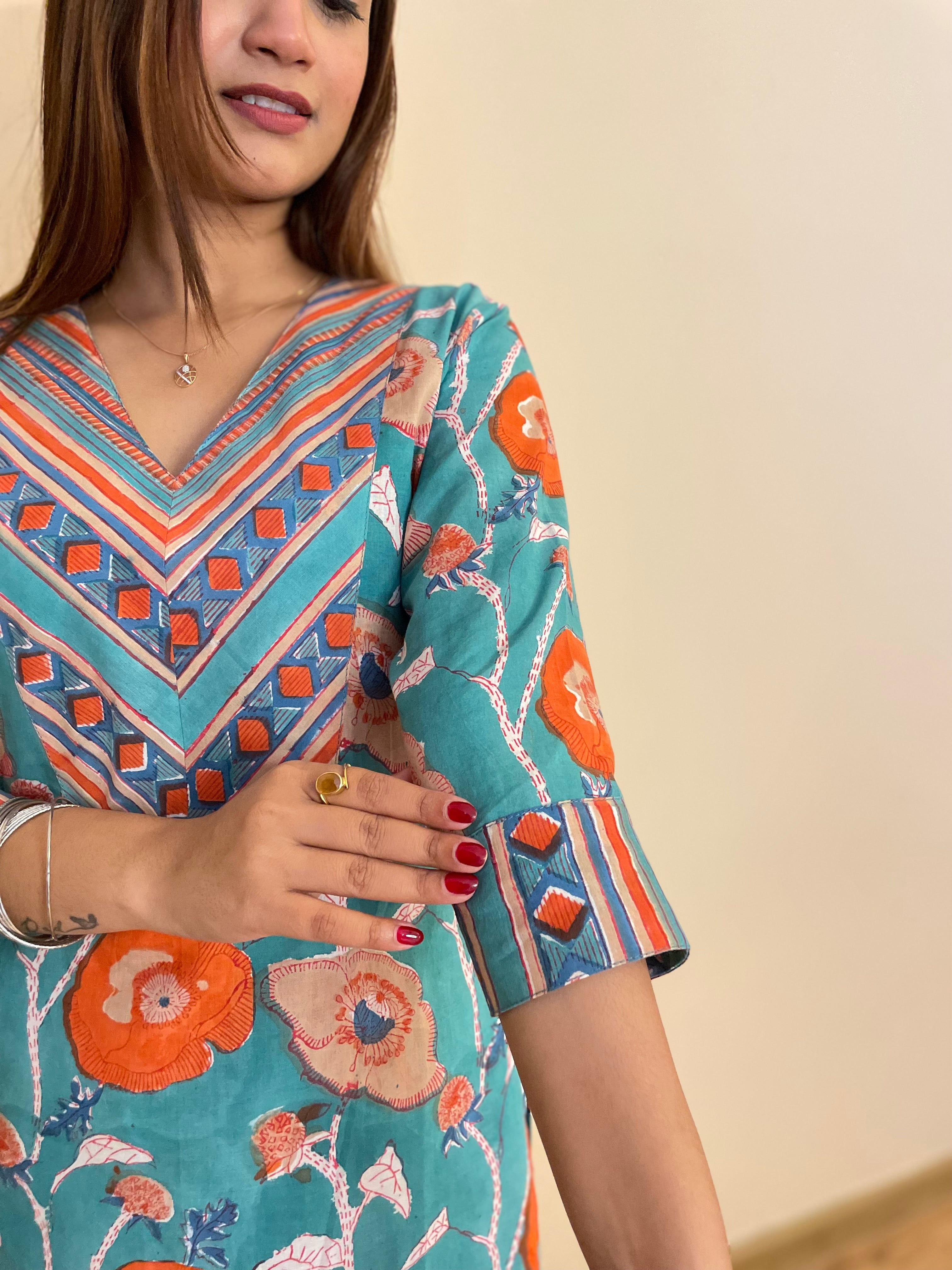Kyaari Turquoise block printed cotton kurta and pant set