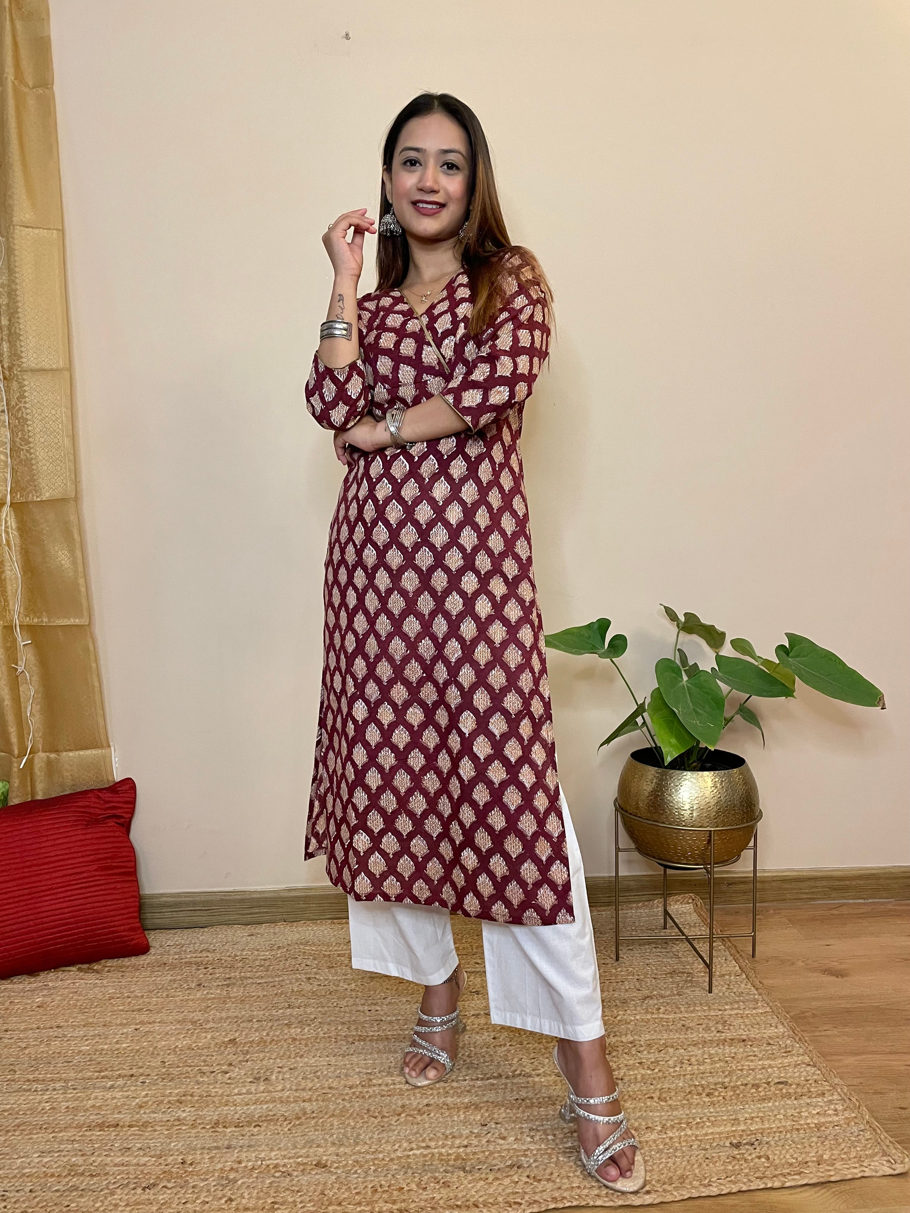 Wine Block Printed Cotton Straight Women's Long Kurta