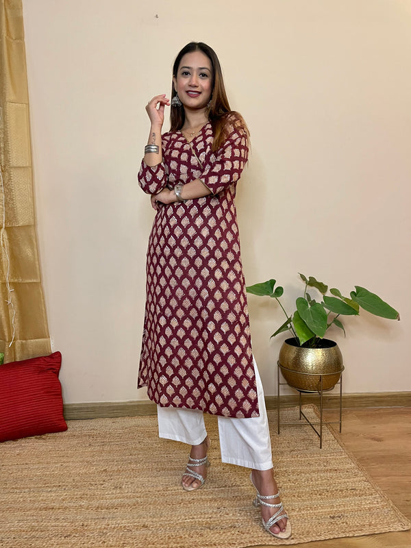 Wine Block Printed Cotton Straight Women's Long Kurta