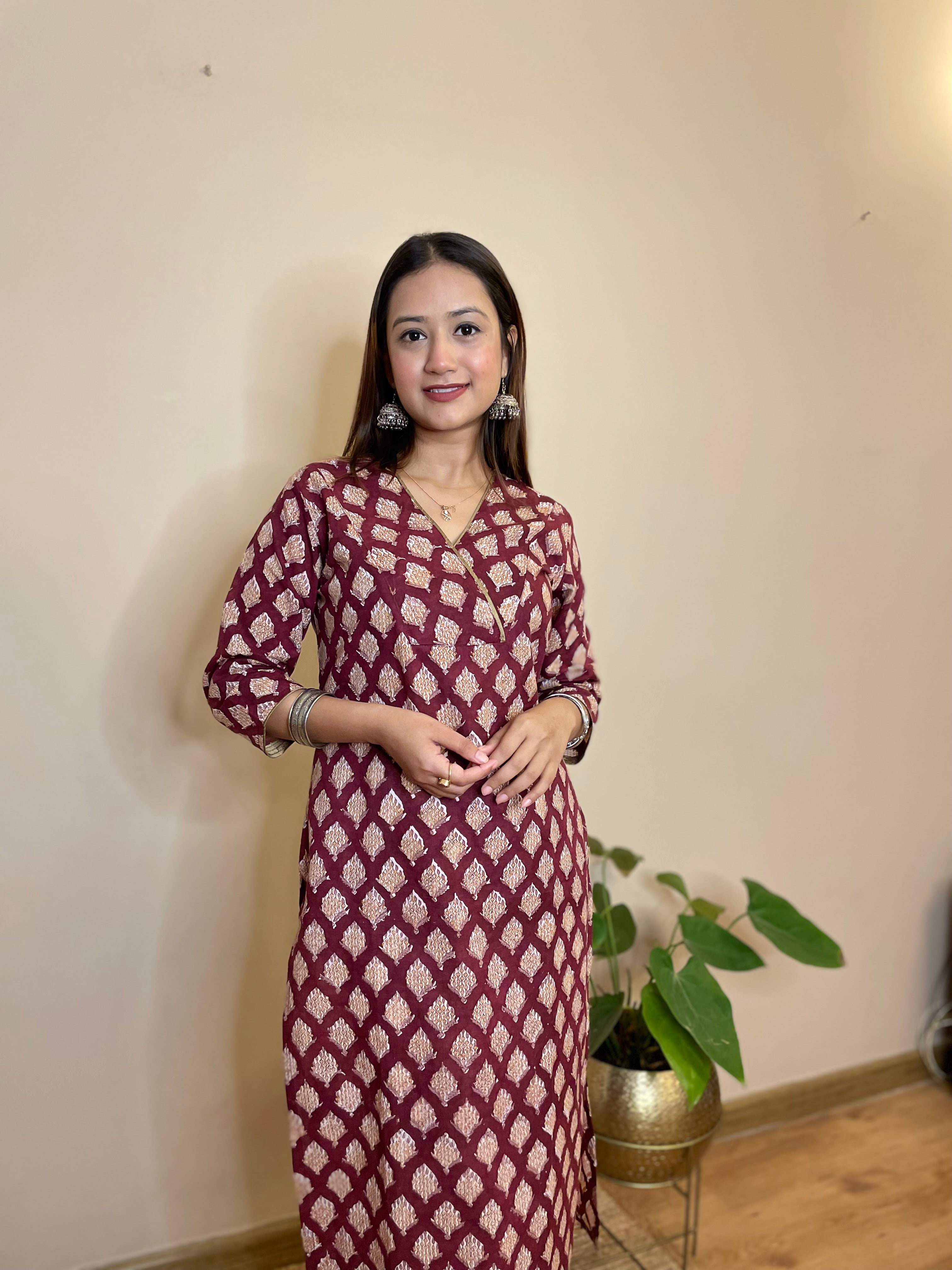 Wine Block Printed Cotton Straight Women's Long Kurta