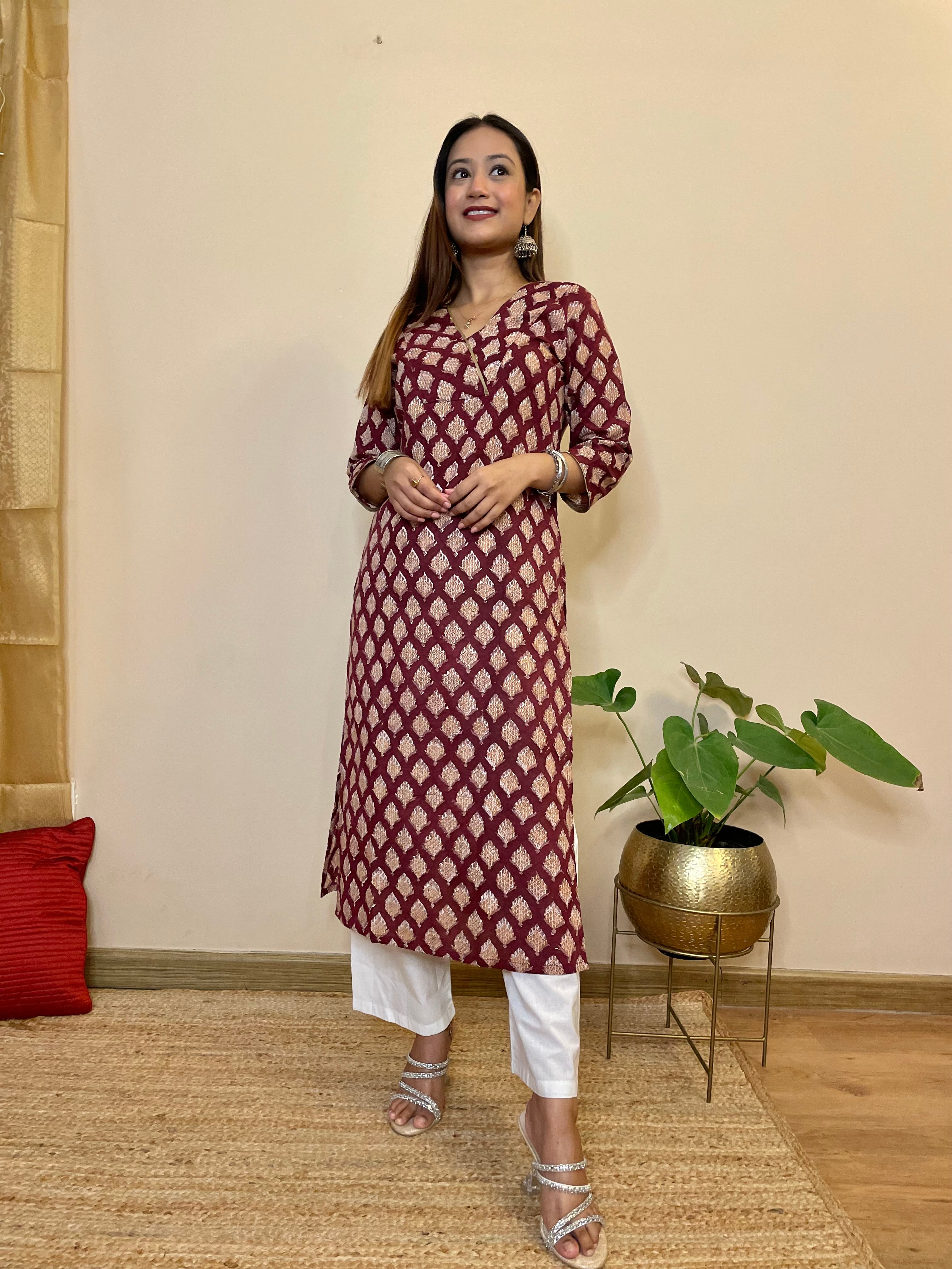 Wine Block Printed Cotton Straight Women's Long Kurta