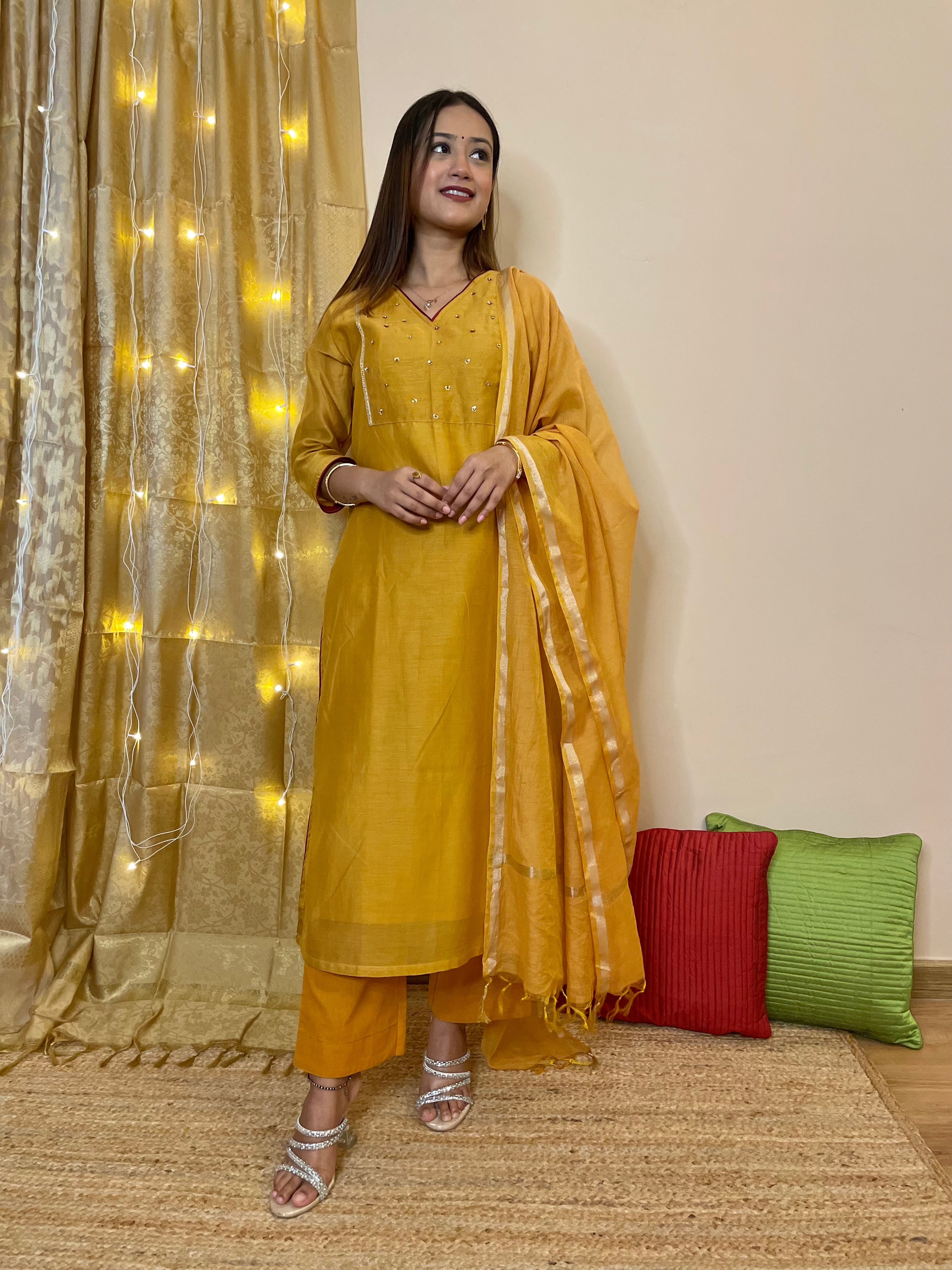 Utsav Ochre Chanderi  Kurta Pant Dupatta Set