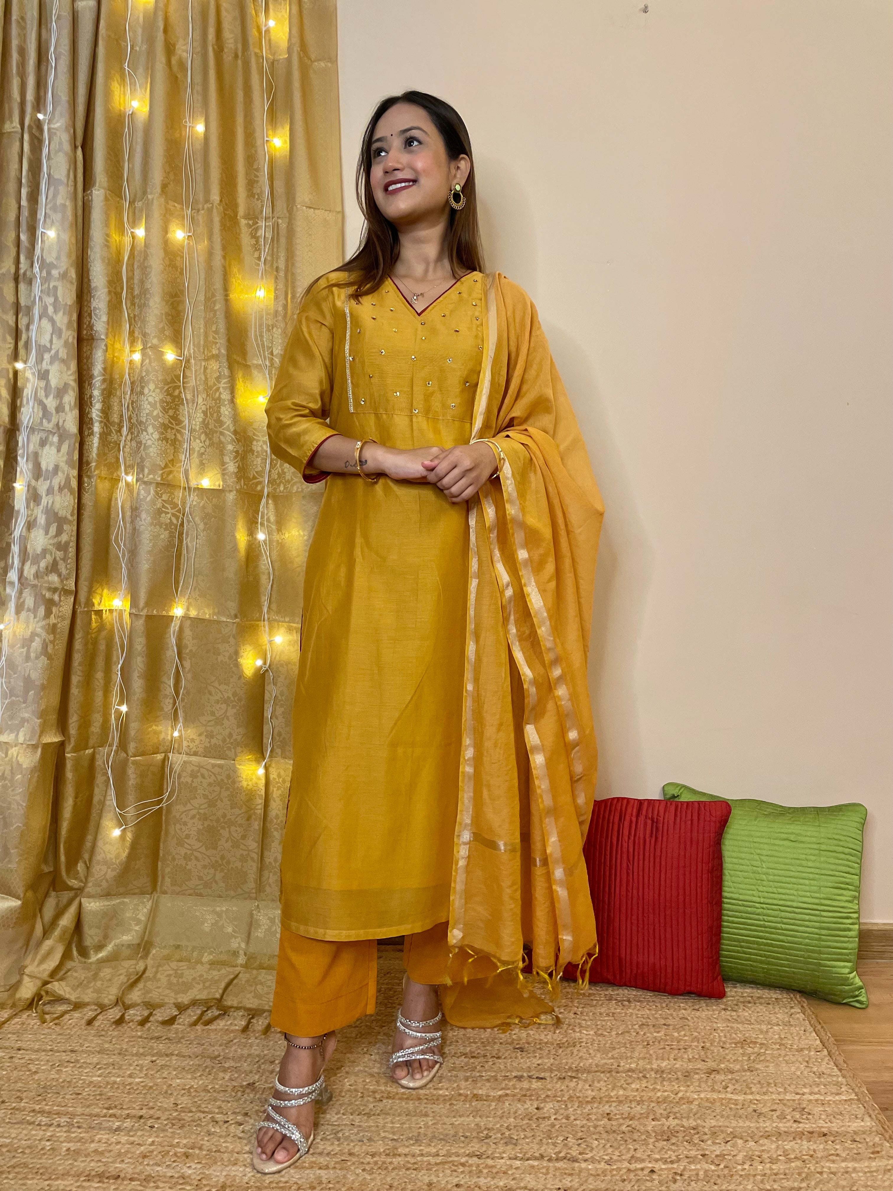 Utsav Ochre Chanderi  Kurta Pant Dupatta Set
