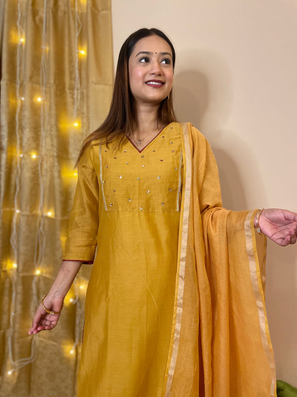 Utsav Ochre Chanderi  Kurta Pant Dupatta Set