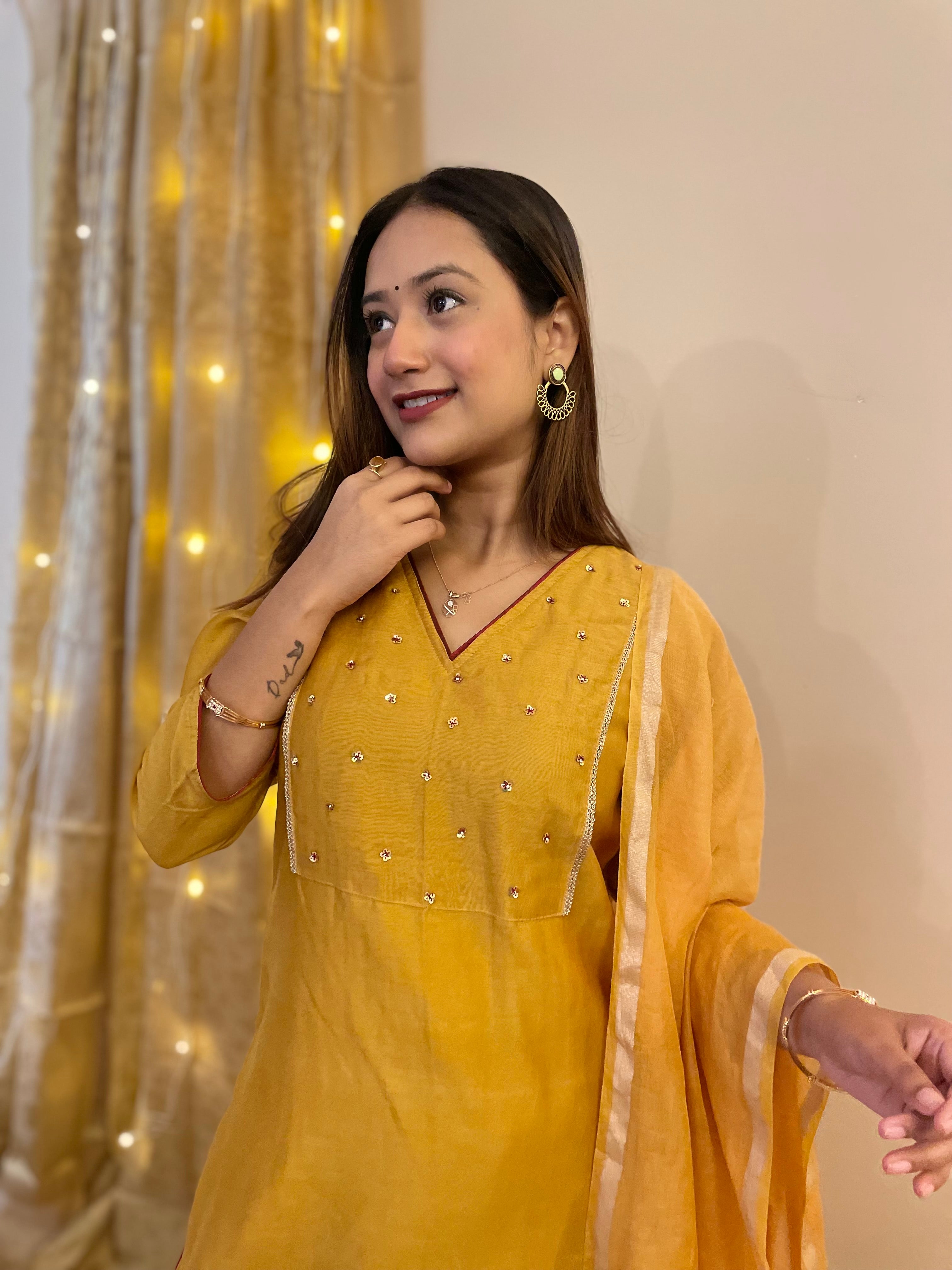 Utsav Ochre Chanderi  Kurta Pant Dupatta Set