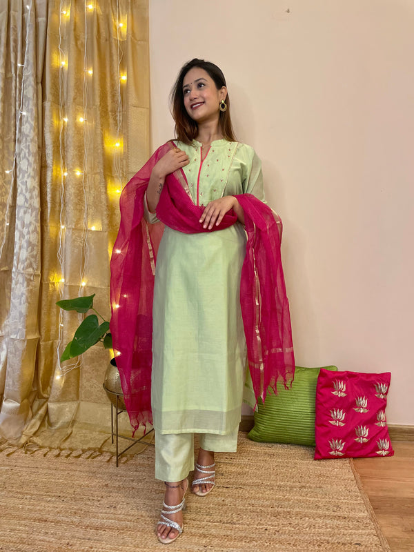 Utsav Sea Green Chanderi Kurta Pant Duppatta Set