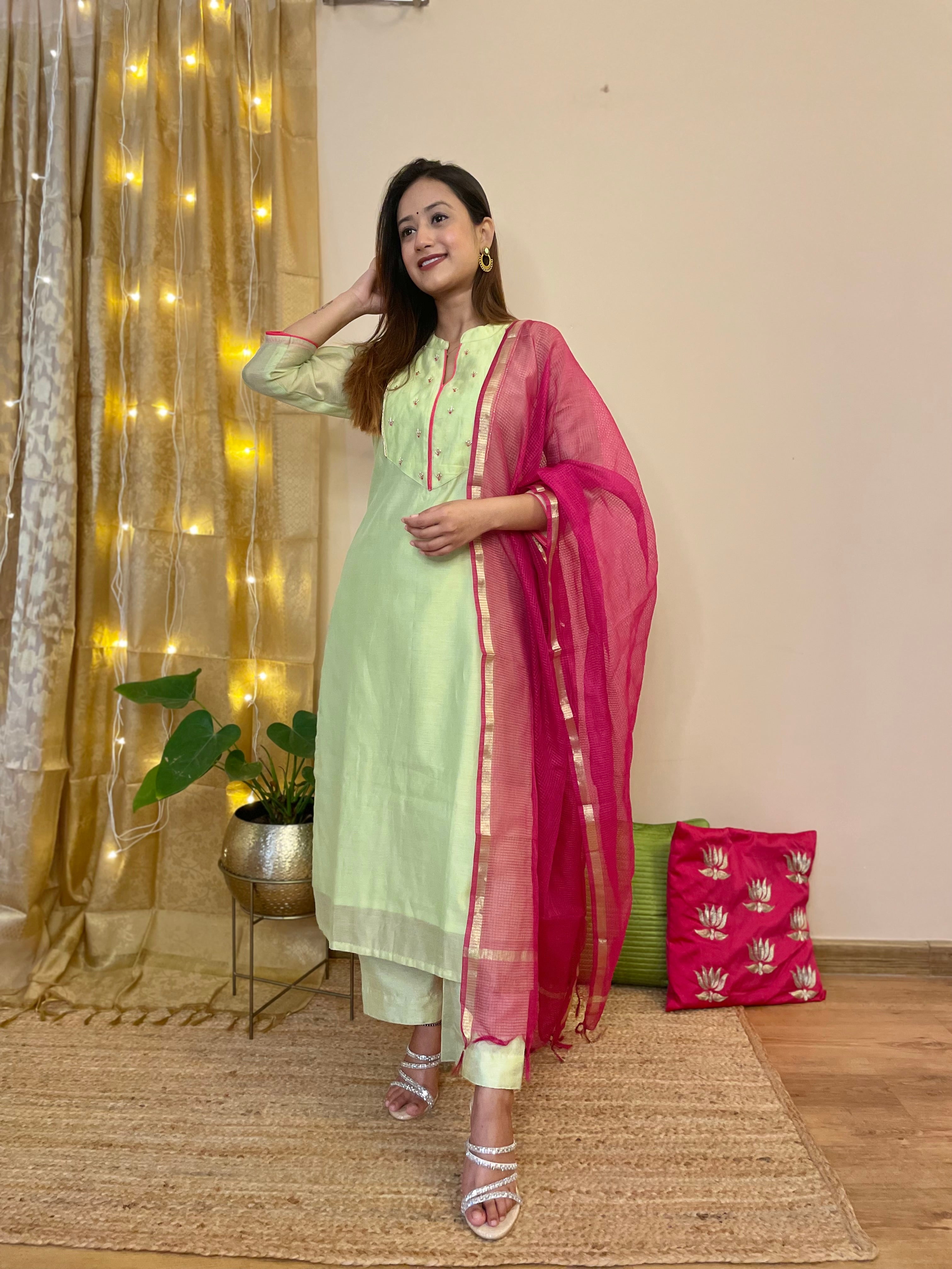 Utsav Sea Green Chanderi Kurta Pant Duppatta Set