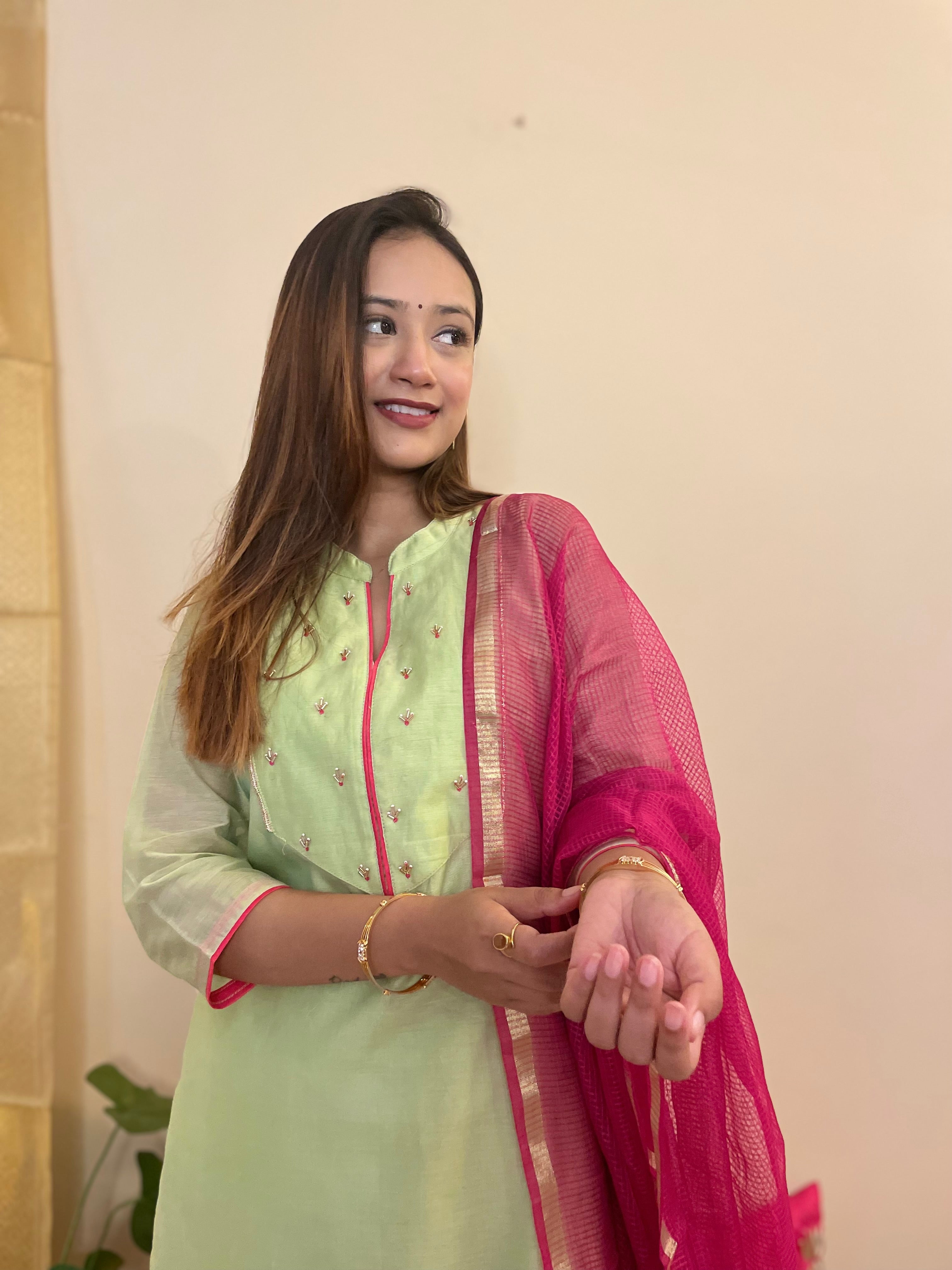 Utsav Sea Green Chanderi Kurta Pant Duppatta Set