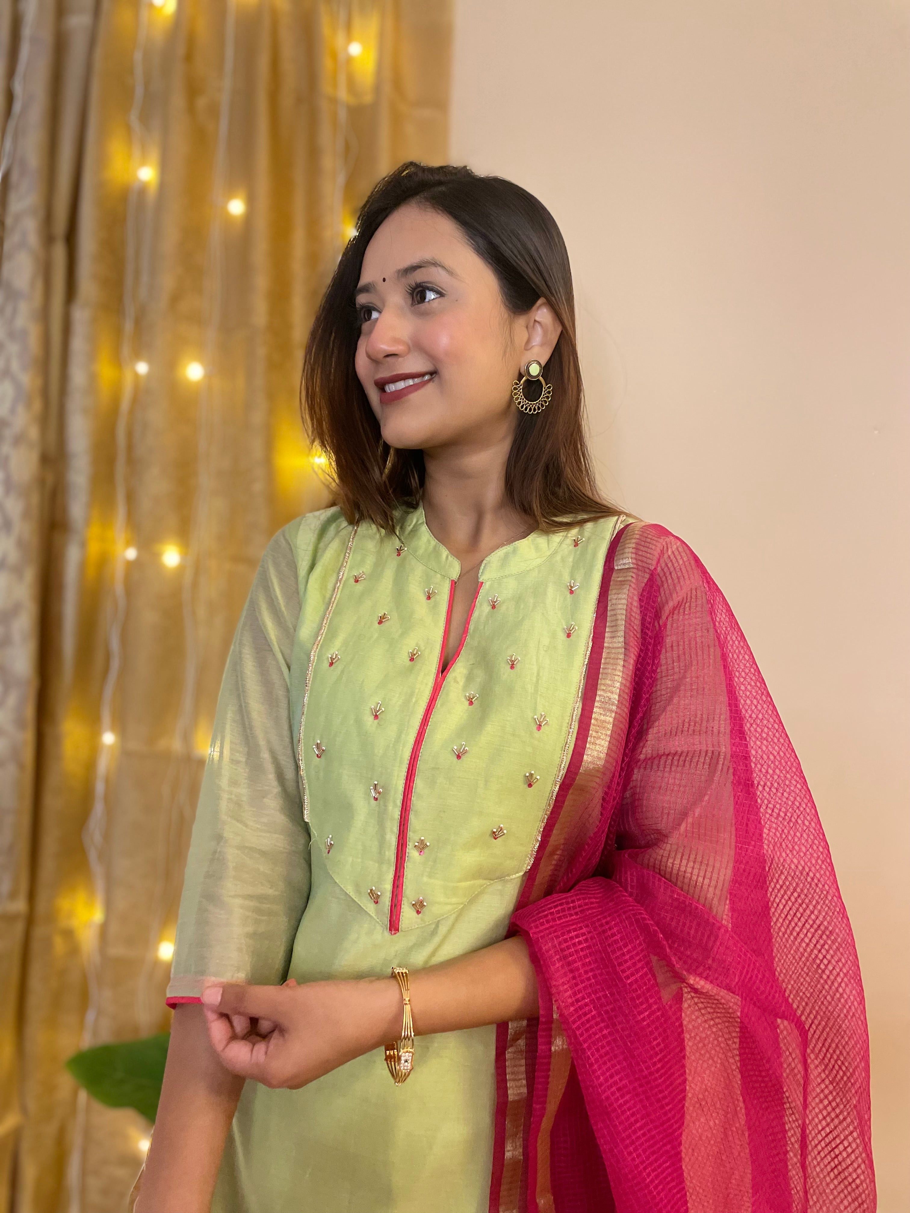 Utsav Sea Green Chanderi Kurta Pant Duppatta Set