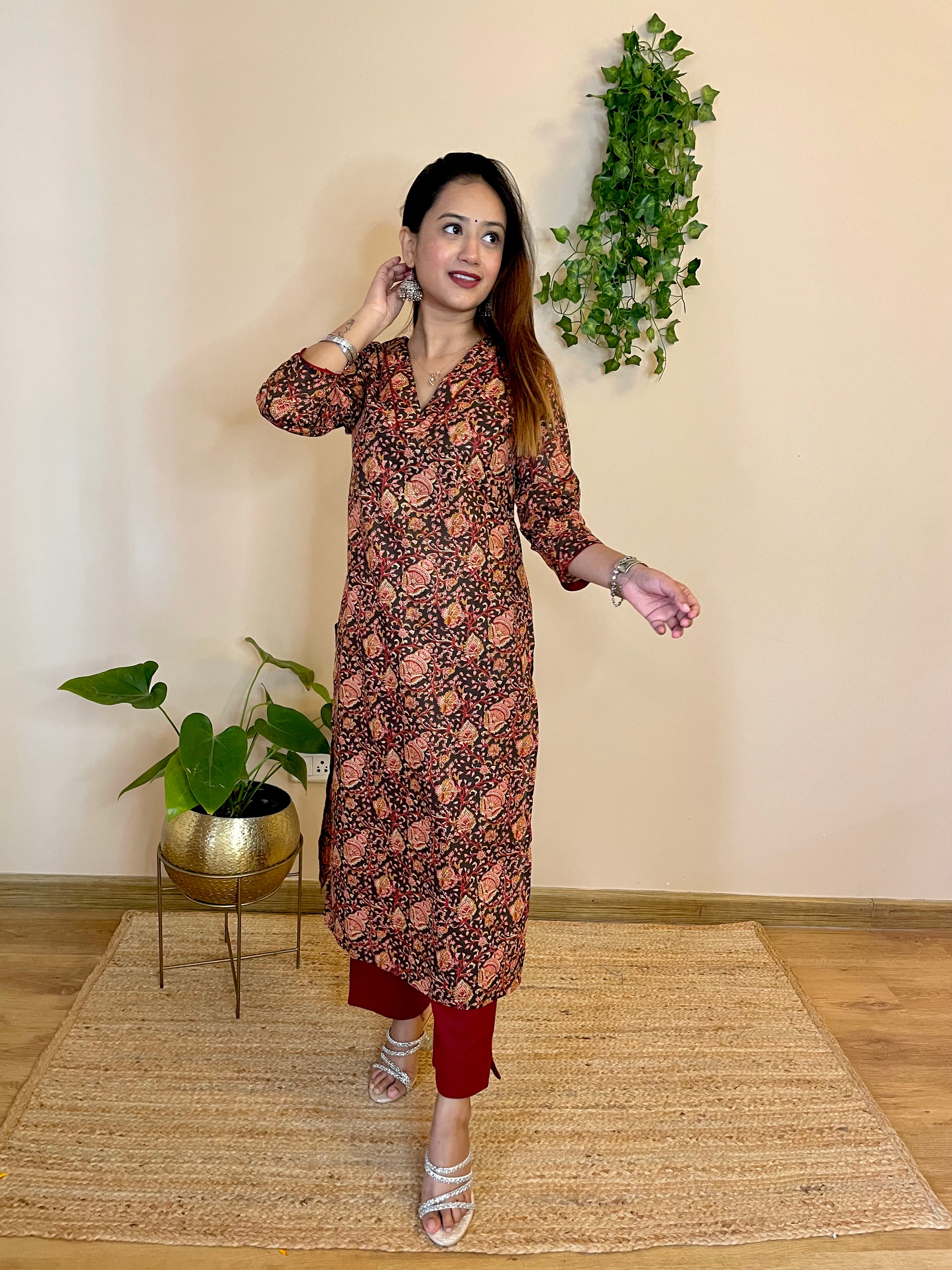 Brown Floral Jaal Print Cotton Straight Long Kurta