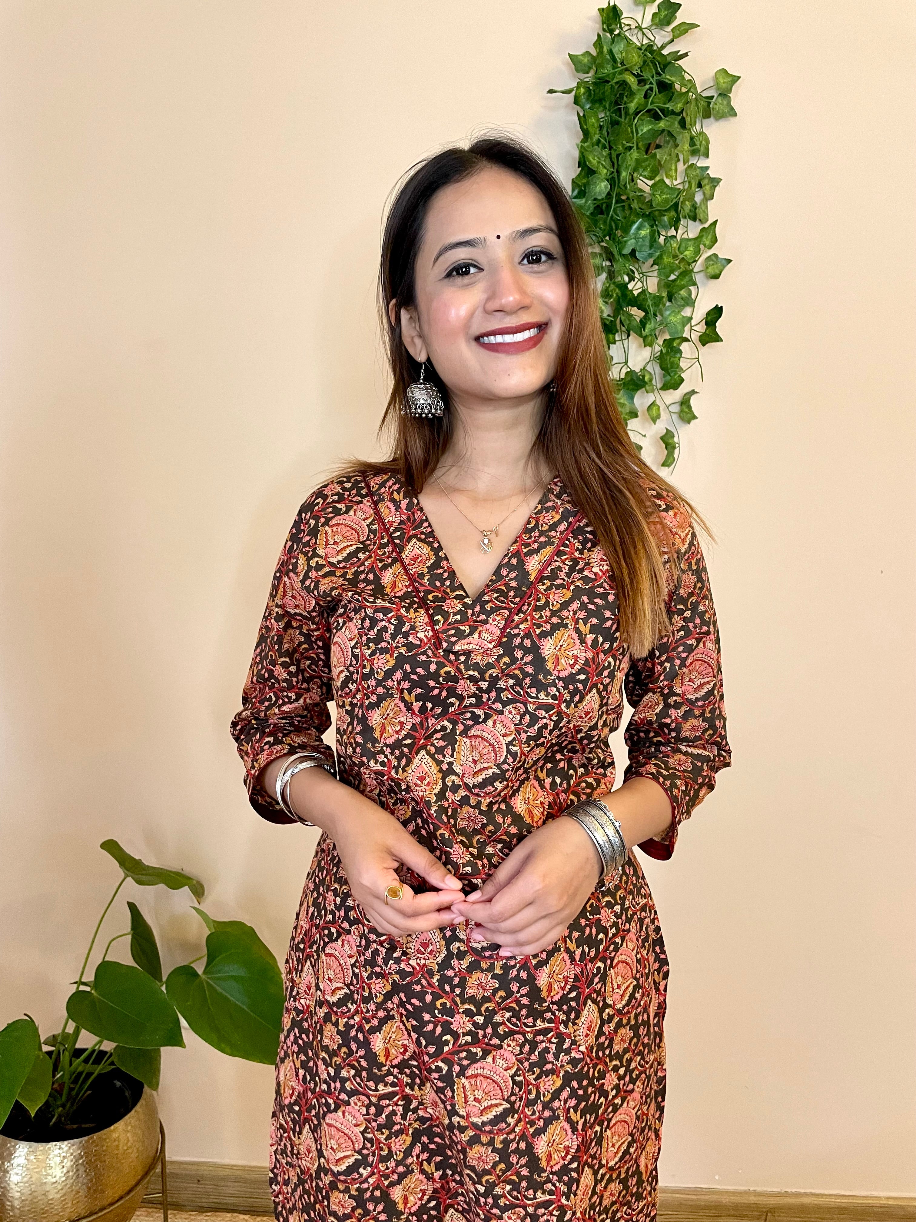 Brown Floral Jaal Print Cotton Straight Long Kurta