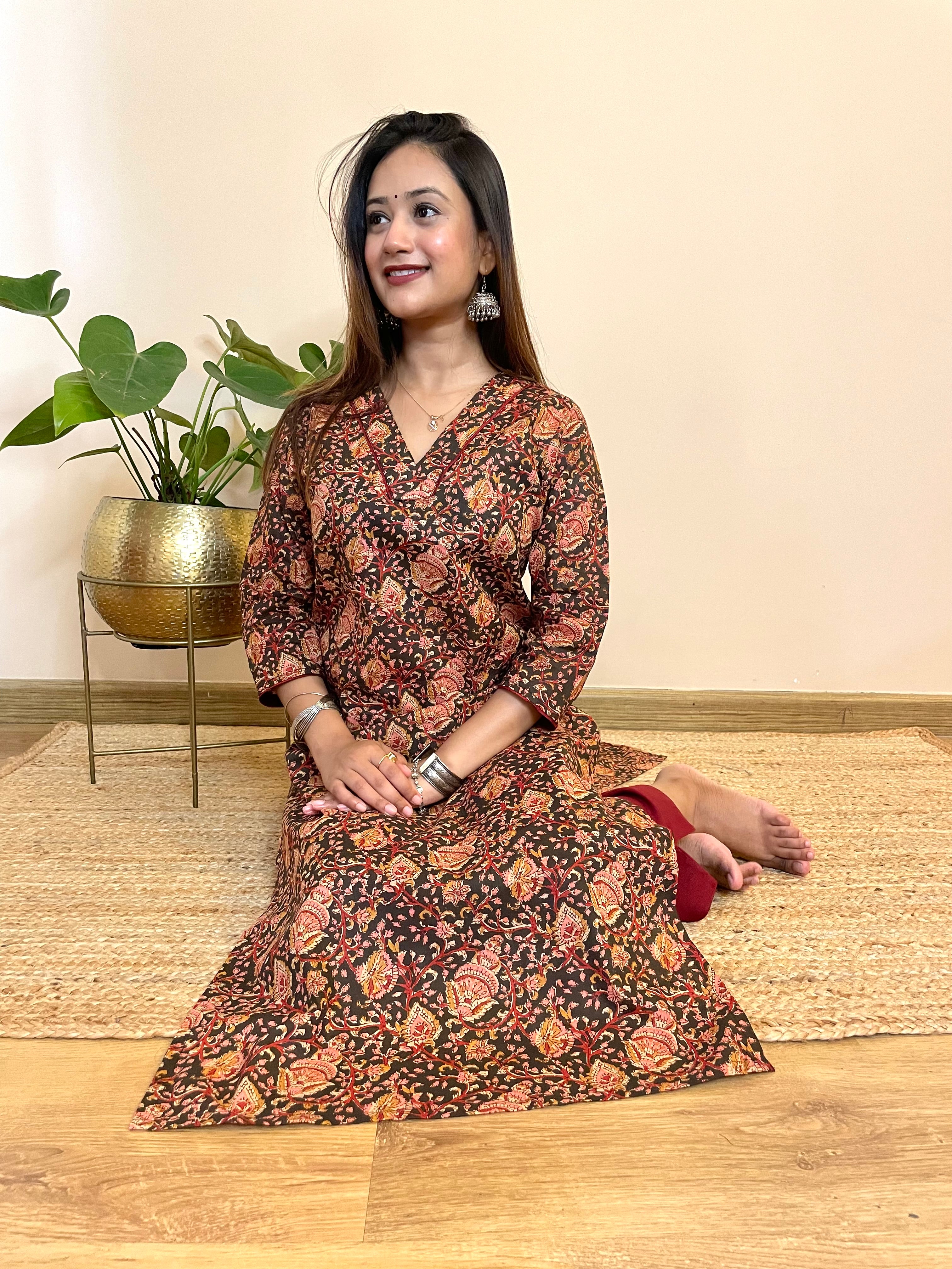Brown Floral Jaal Print Cotton Straight Long Kurta