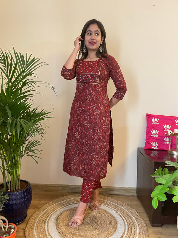 'CHANCHAL' Brownish Maroon Kurta+Pant Set