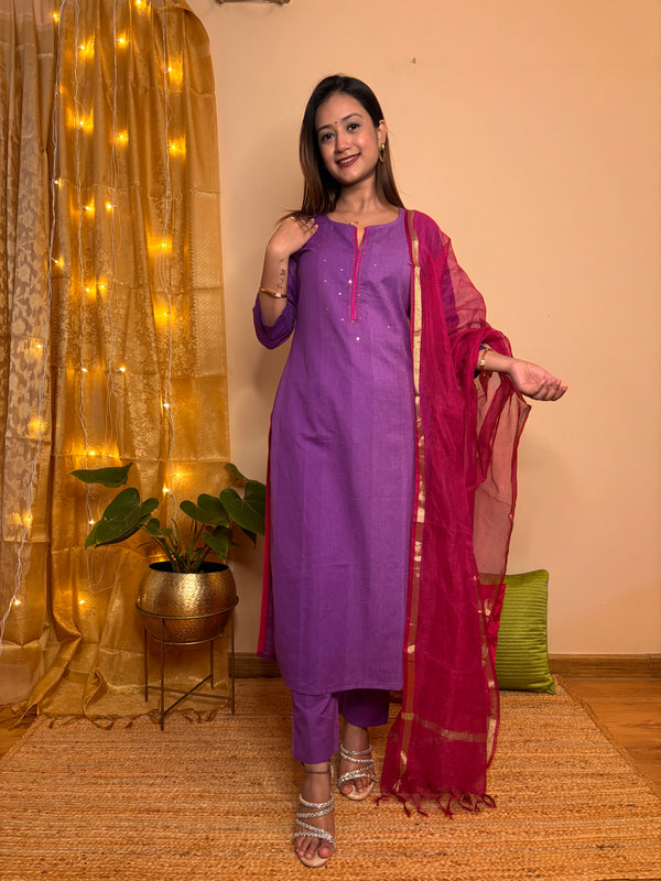 Utsav Purple South Cotton Kurta Pant and Duppatta Set