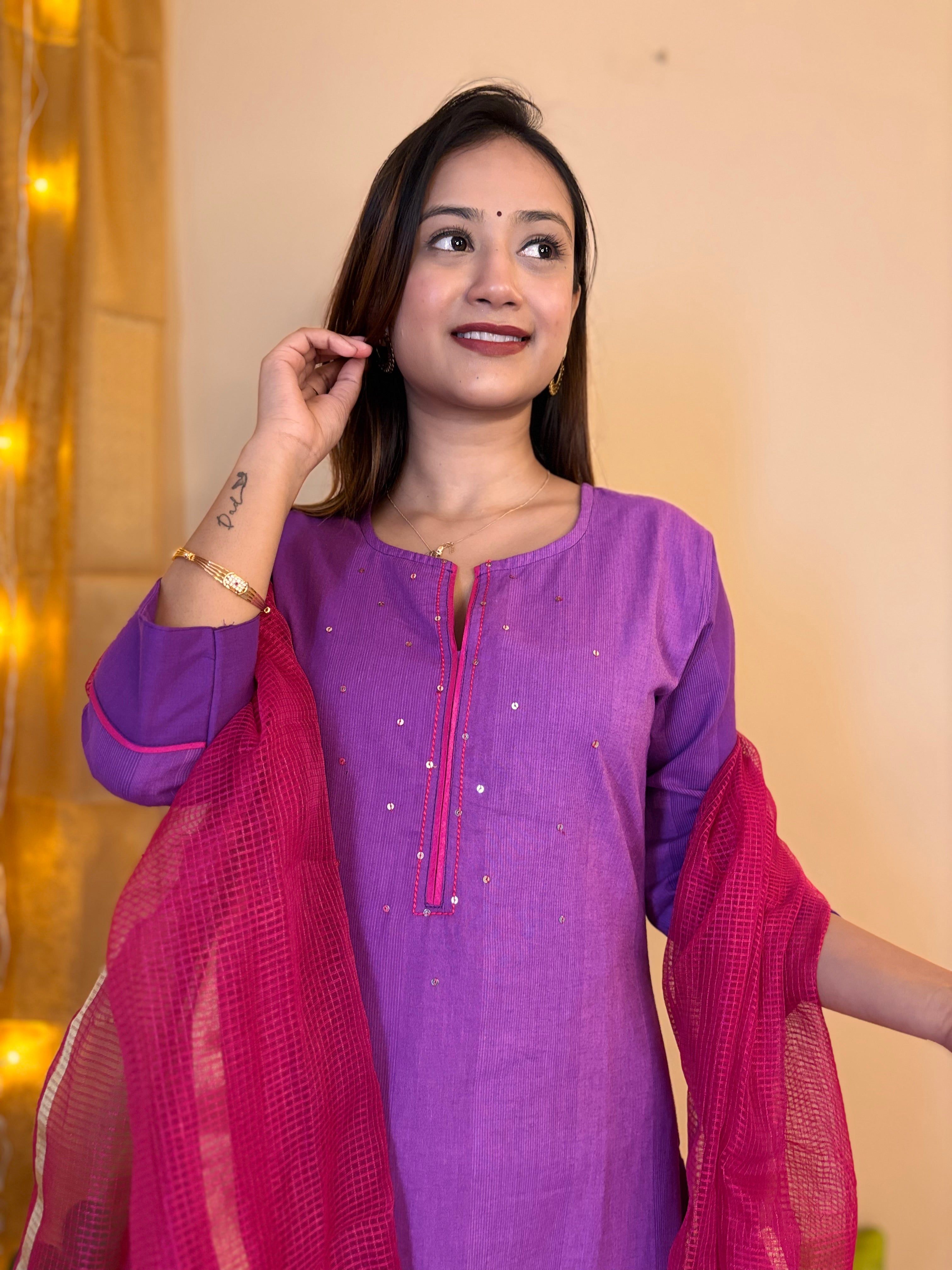 Utsav Purple South Cotton Kurta Pant and Duppatta Set