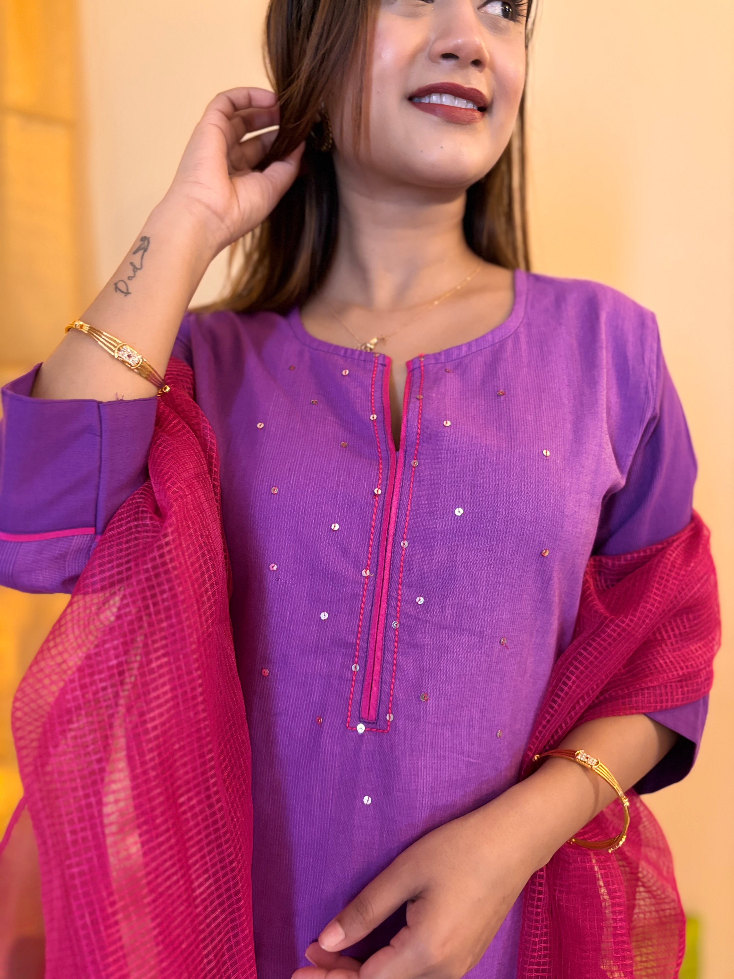 Utsav Purple South Cotton Kurta Pant and Duppatta Set
