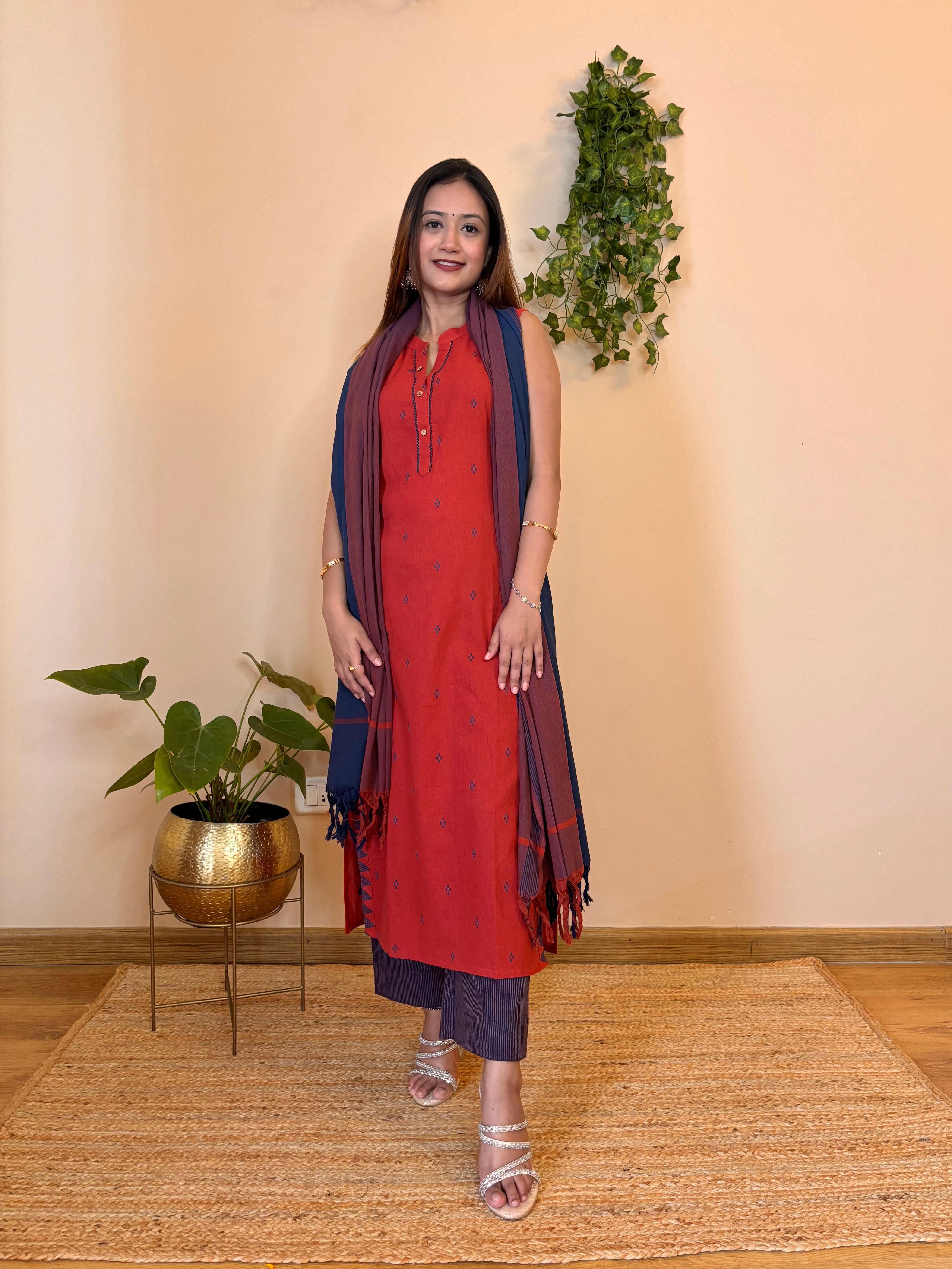 Utsav Rust  Brown South Cotton  kurta pant and duppatta  set (sleeveless)