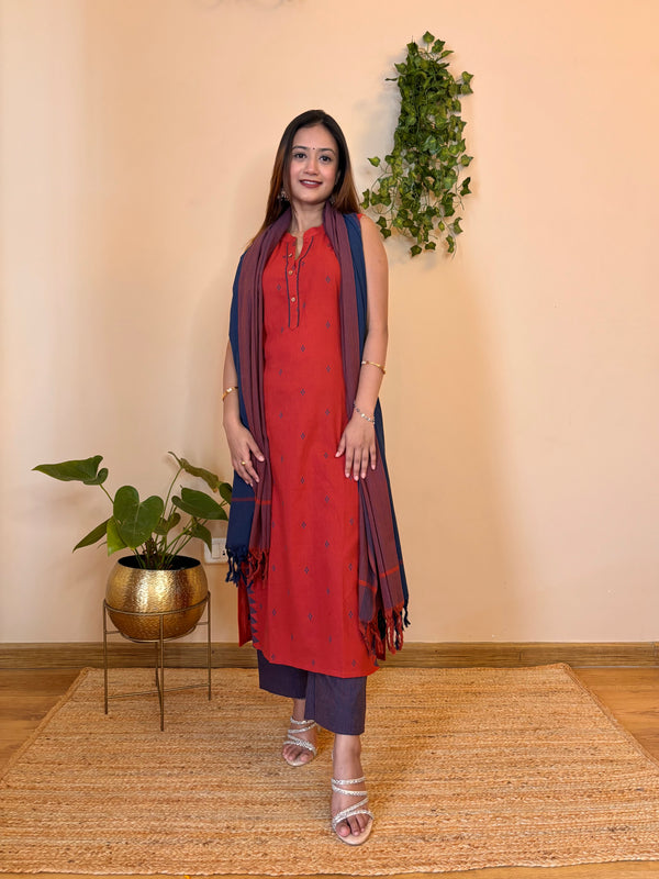 Utsav Rust  Brown South Cotton  kurta pant and duppatta  set (3/4th slevees)