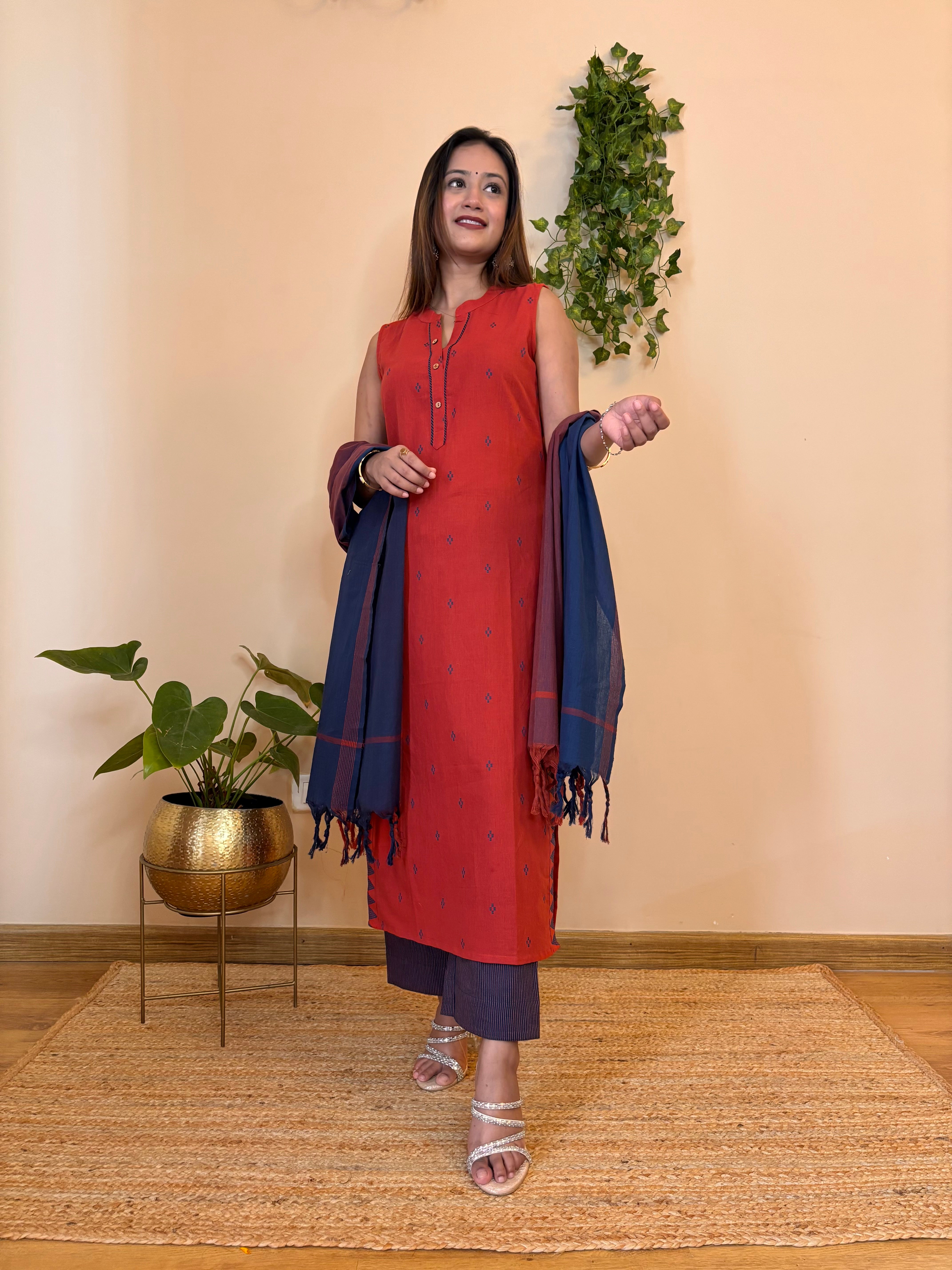 Utsav Rust  Brown South Cotton  kurta pant and duppatta  set (sleeveless)