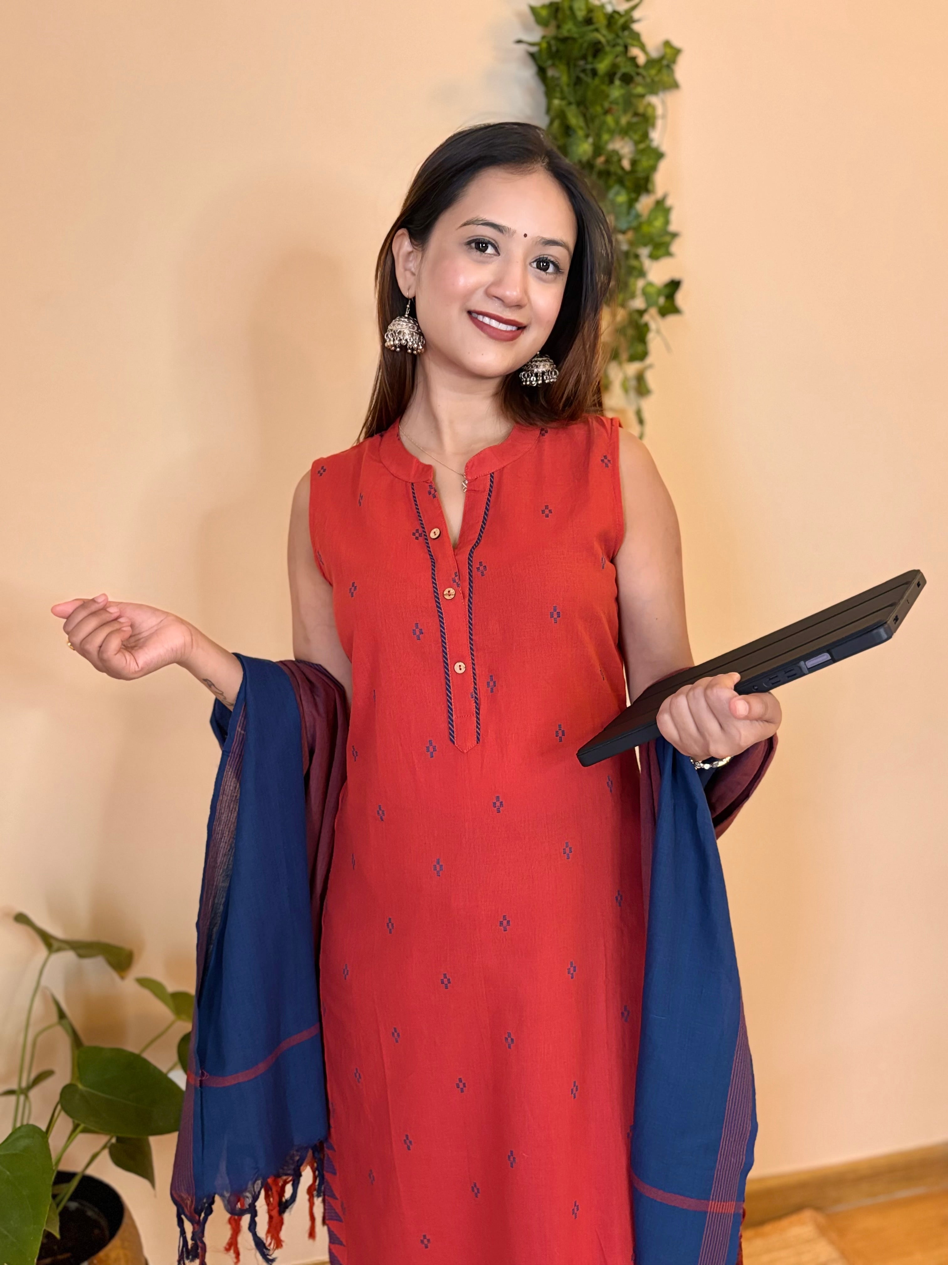 Utsav Rust  Brown South Cotton  kurta pant and duppatta  set (sleeveless)