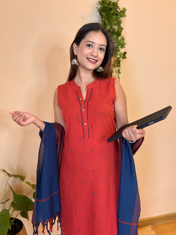 Utsav Rust  Brown South Cotton  kurta pant and duppatta  set (sleeveless)