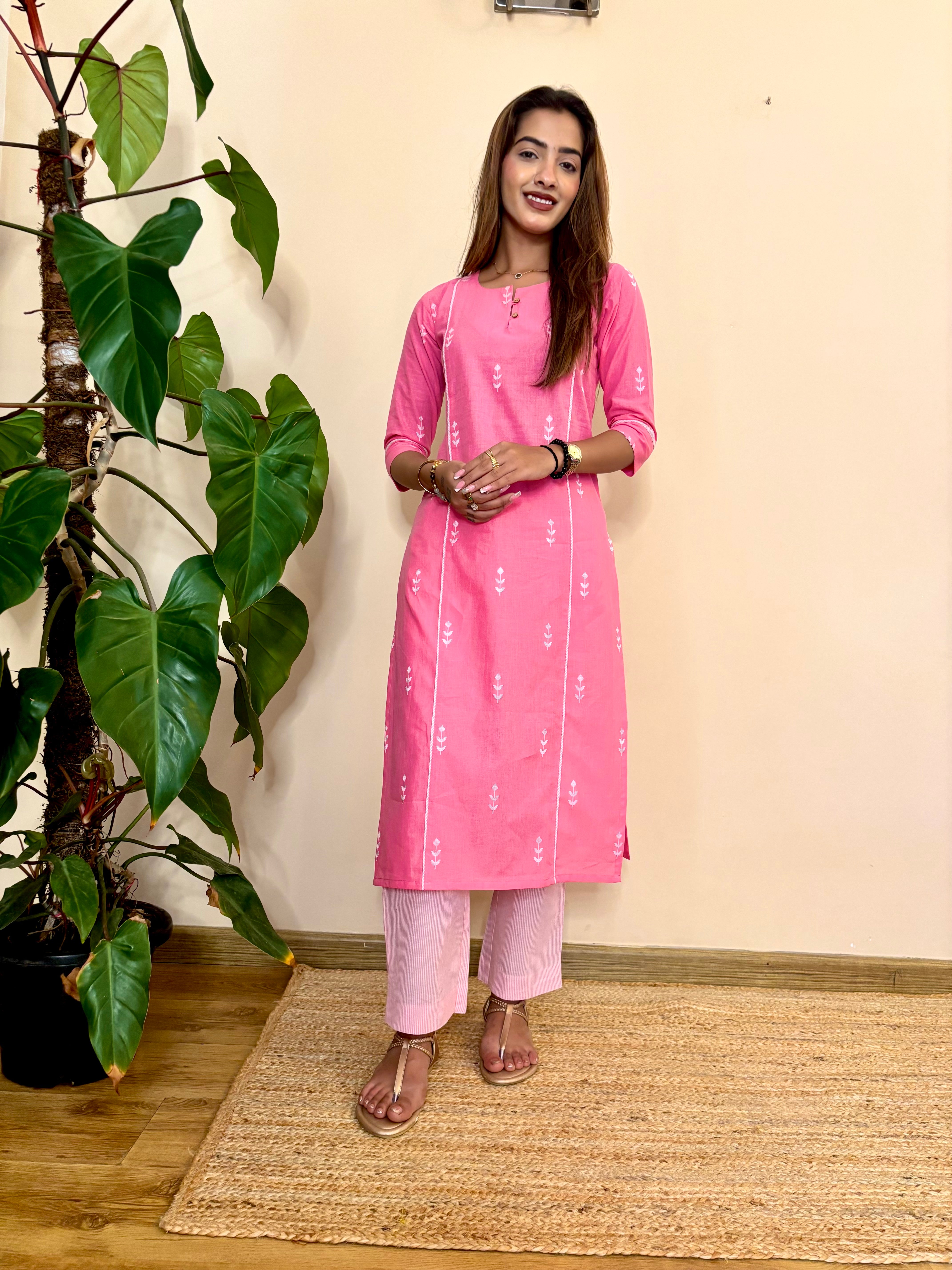 front view of pink south cotton womens kurta set