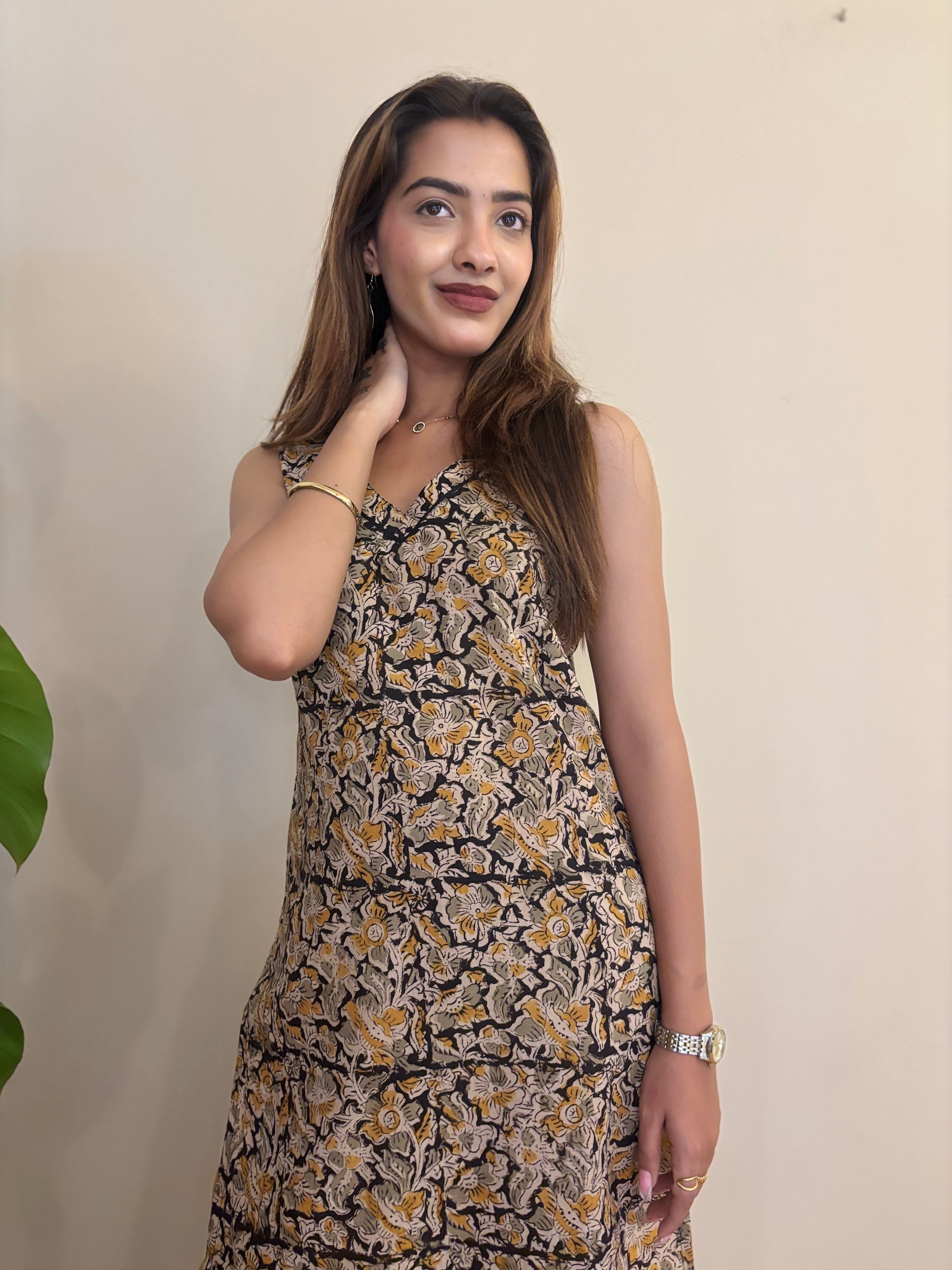 BLACK KALMAKARI COTTON LONG KURTA