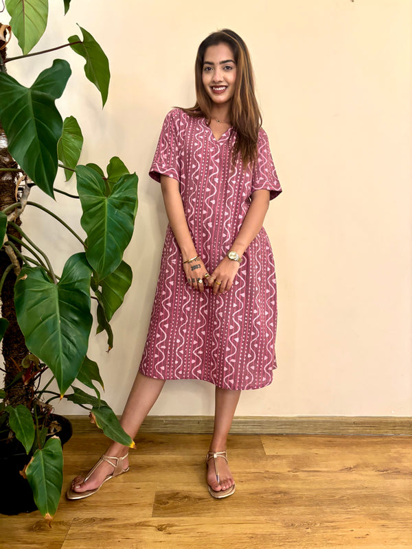 Front view of pink lines cotton womens dress