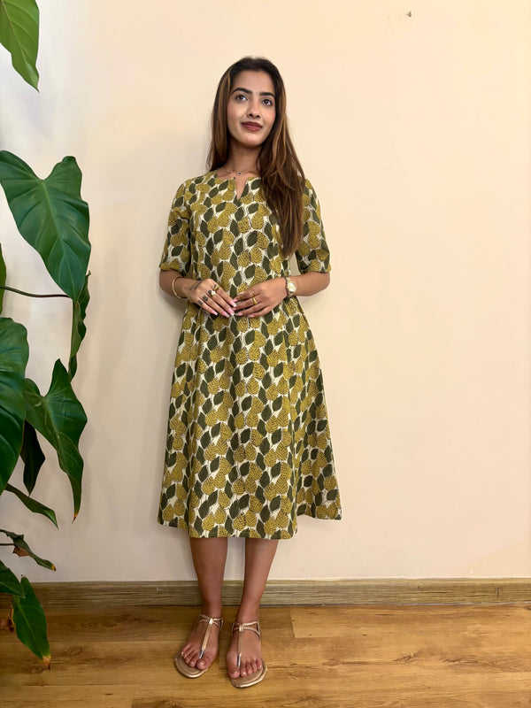 Front view of  mehandi green hand crafted cotton womens of dress