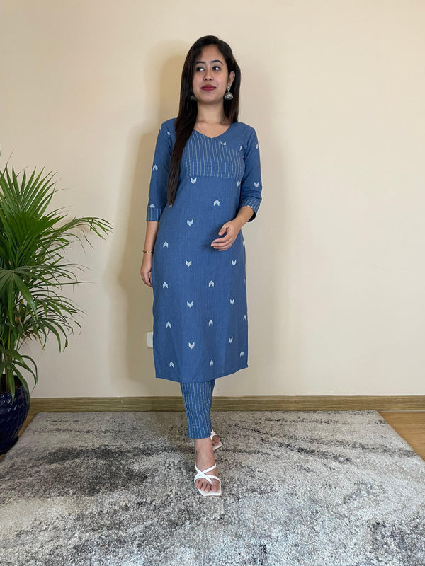 BLUE  Oxford south cotton  long straight kurta and pant set