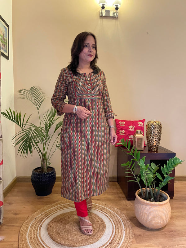 'SAJDA' Beige/Green Cotton Long Kurta