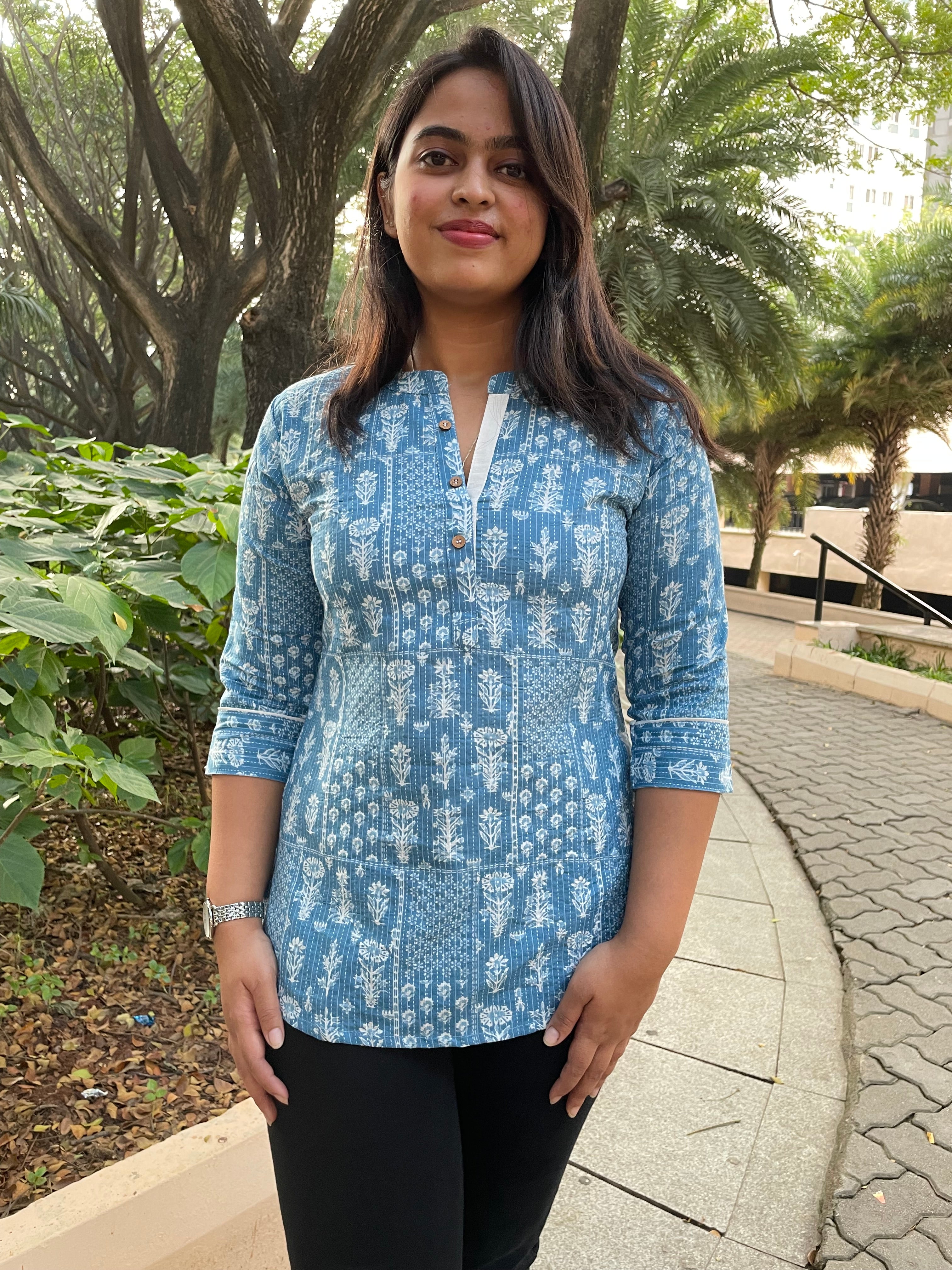 Light Blue Kantha Short Kurti