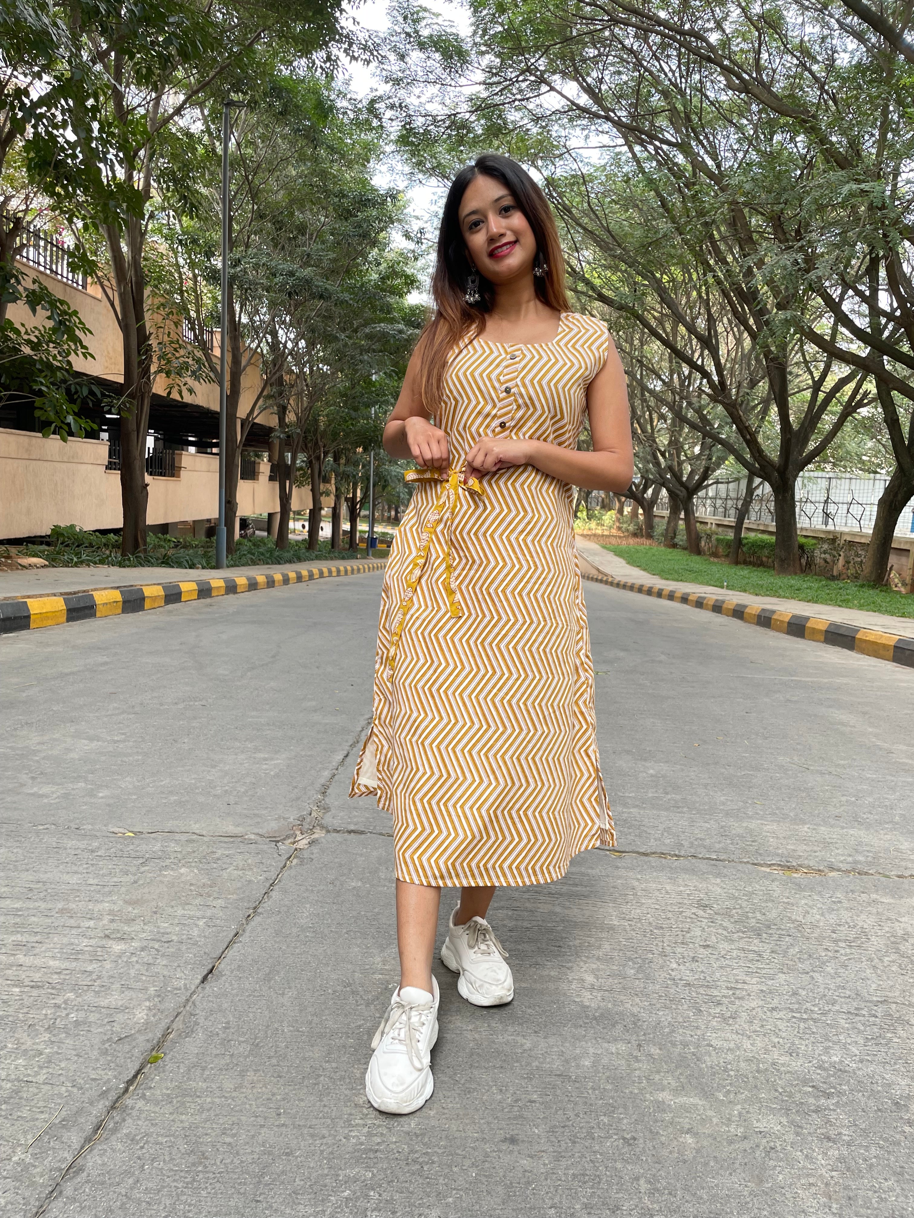 YELLOW CHEVRON DRESS WITH FISH SHRUG