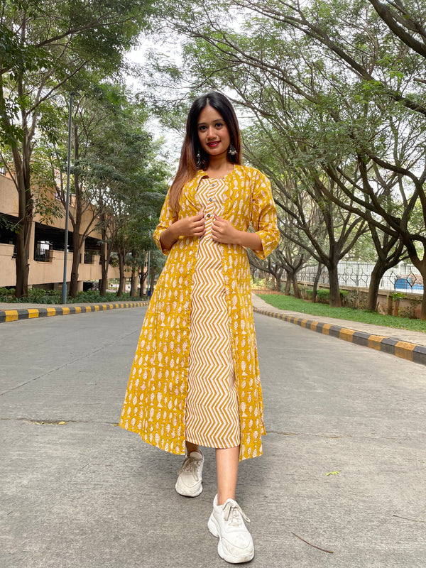 YELLOW CHEVRON DRESS WITH FISH SHRUG