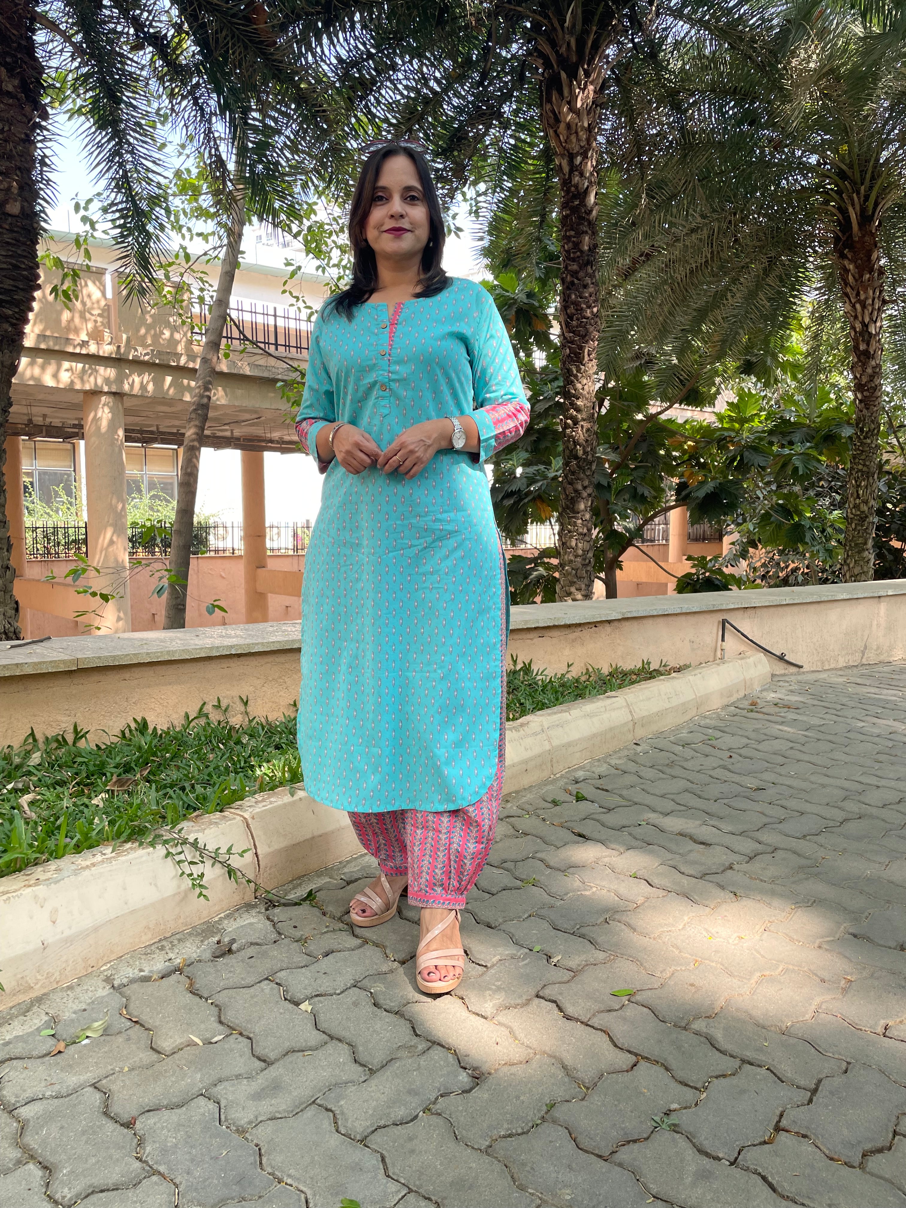 TURQUOISE IKAT PRINT KURTA SET (1+1)