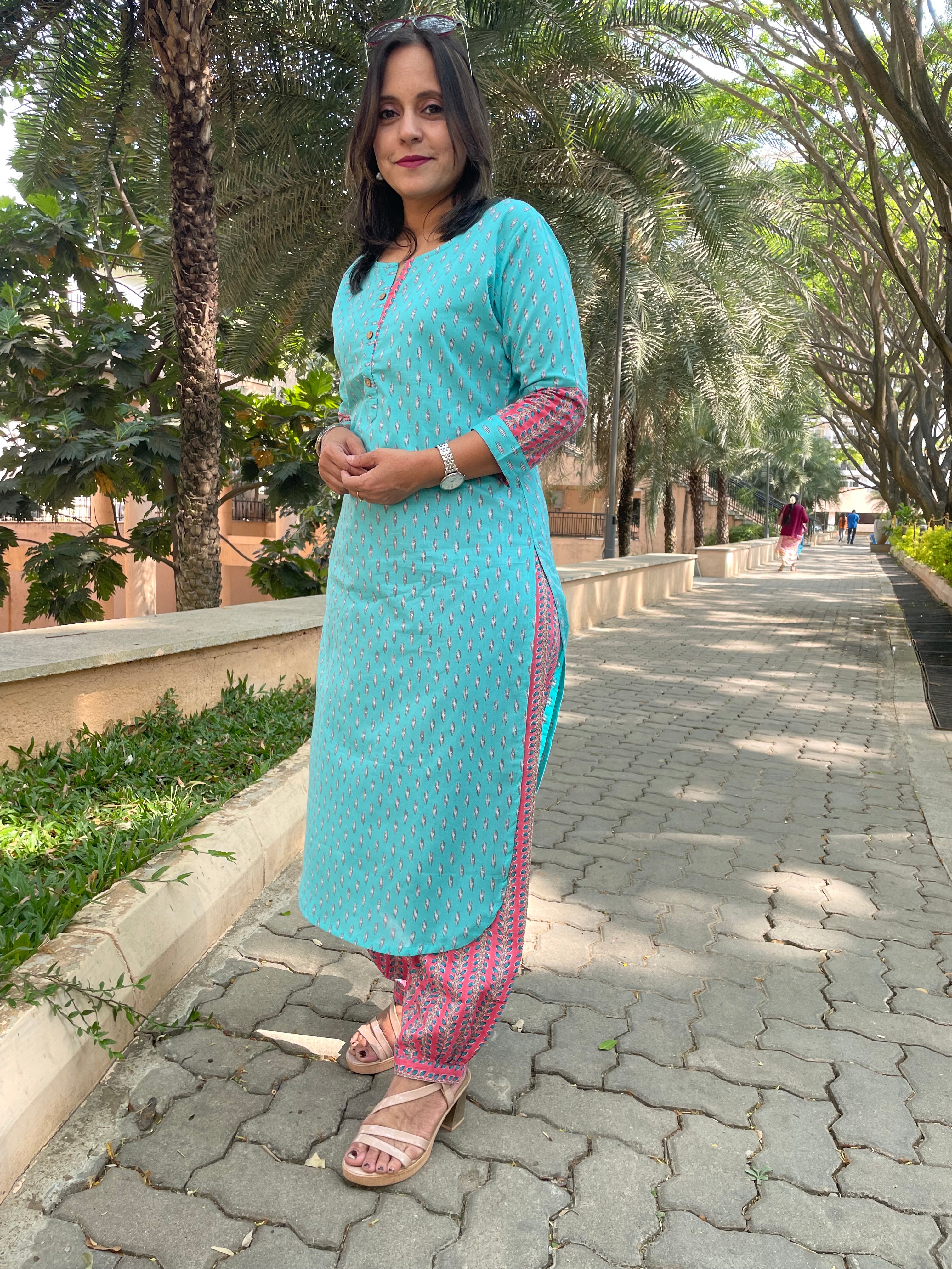 TURQUOISE IKAT PRINT KURTA SET (1+1)