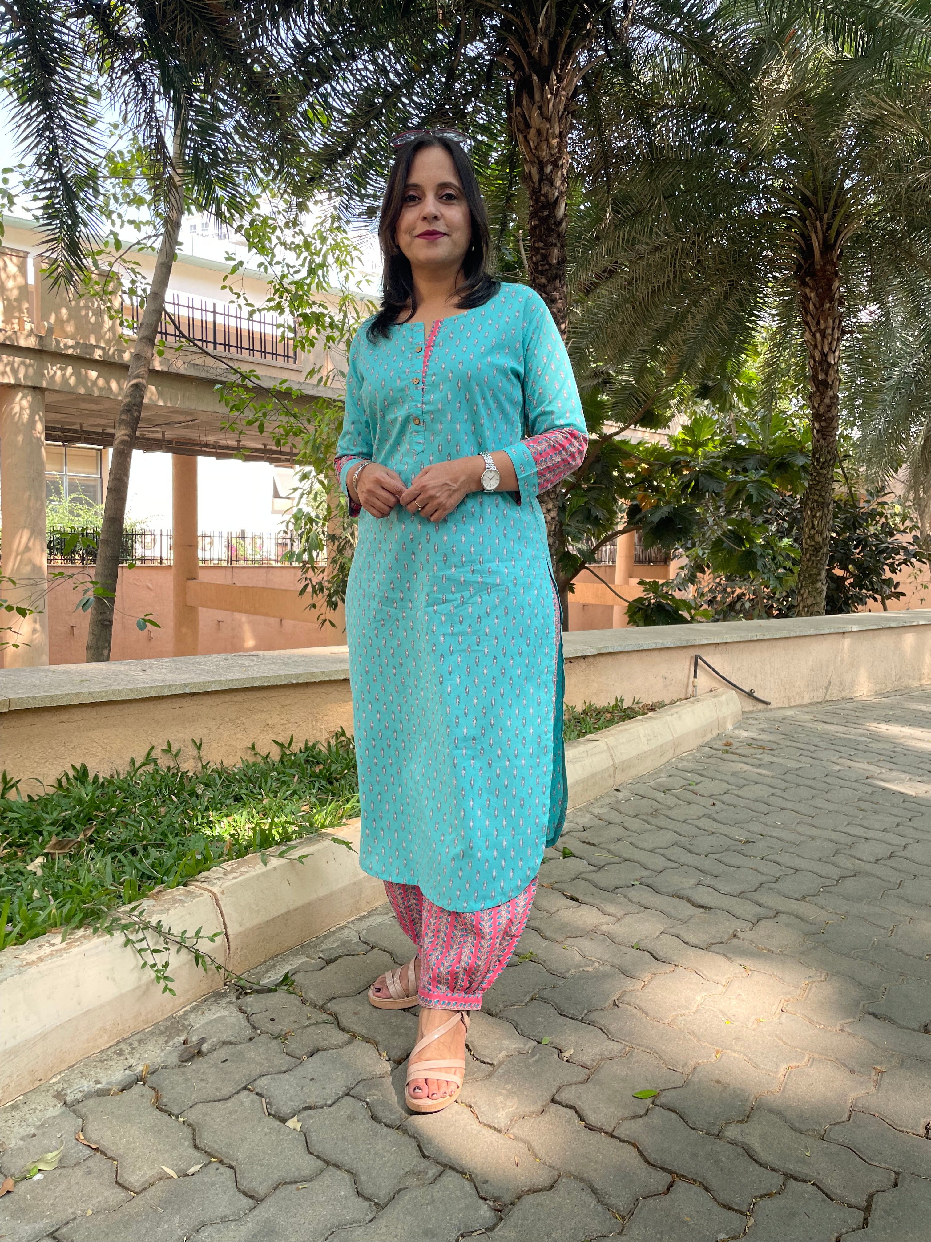 TURQUOISE IKAT PRINT KURTA SET (1+1)